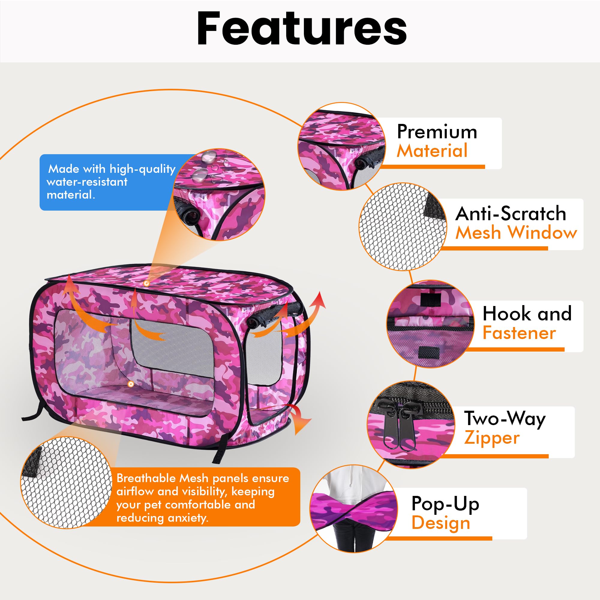 Beatrice Home Fashions Portable Collapsible Dog Cat Crate 36" L x 22" W x 22" H Camo Pink Model PRTPPK36CMPK