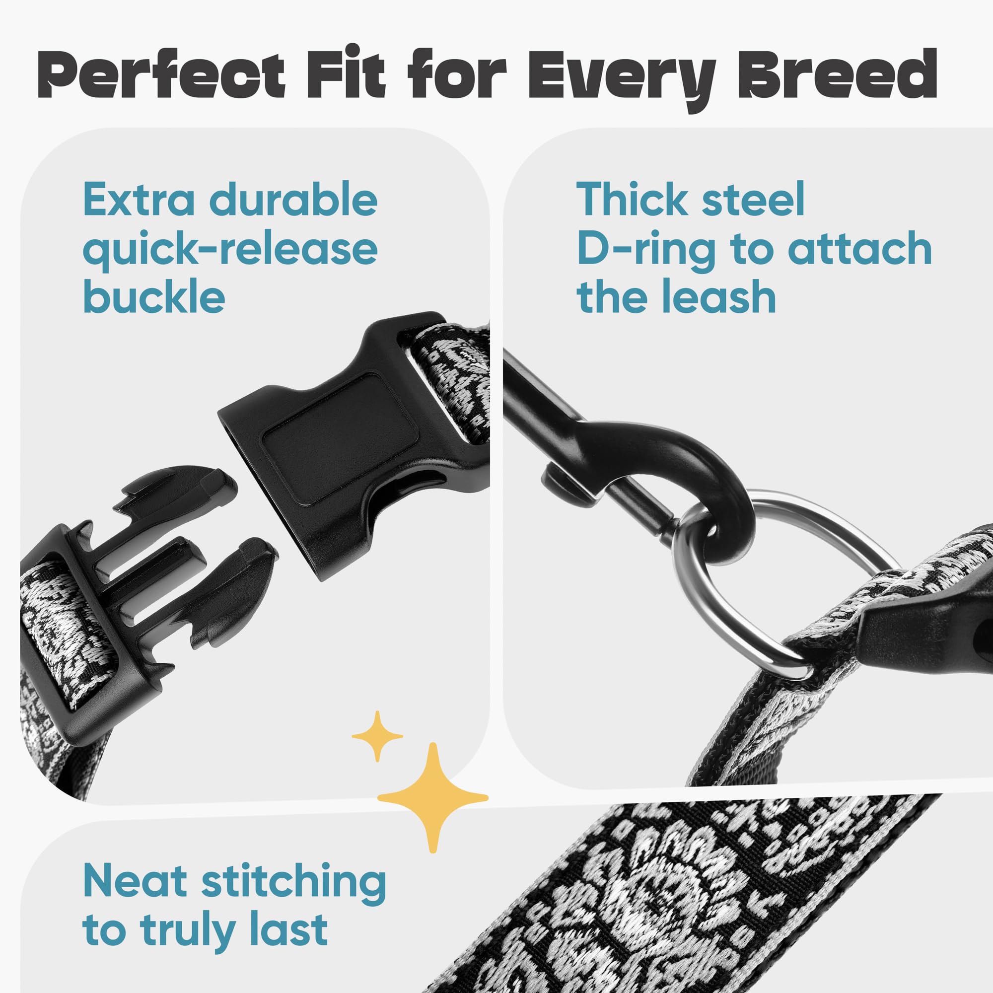 Dog Collar For Medium & Large - Black Silver Woven Pattern On Long Lasting, Adjustable, Strong And Durable Collars For Dogs - Ch