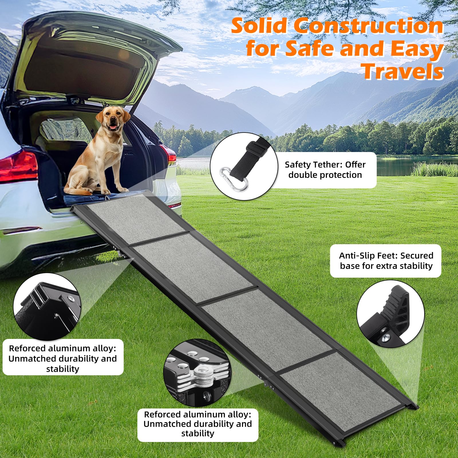 Dog Ramp For Car, 71'' Extra Long Folding Pet Stair Ramp With Non-Slip Surface For Medium & Large Dogs Up To 250Lbs, Outdoor Dog
