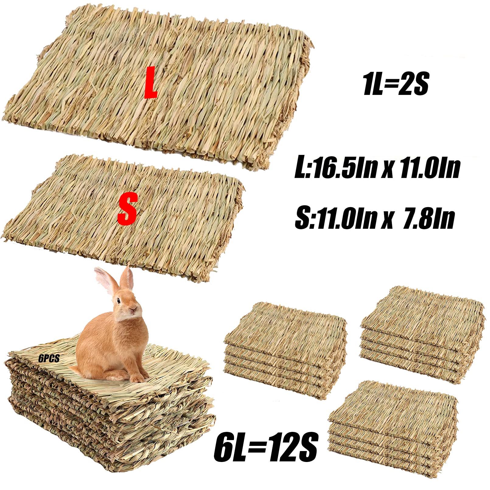 Tfwadmx Rabbit Grass Mats,16.5''X11''Large Natural Woven Seagrass Mat Bunny Bed Chew Mat Sleep For Chinchillas Guinea Pigs Ferret Hamster Squirrel And Small Animals -6 Pcs