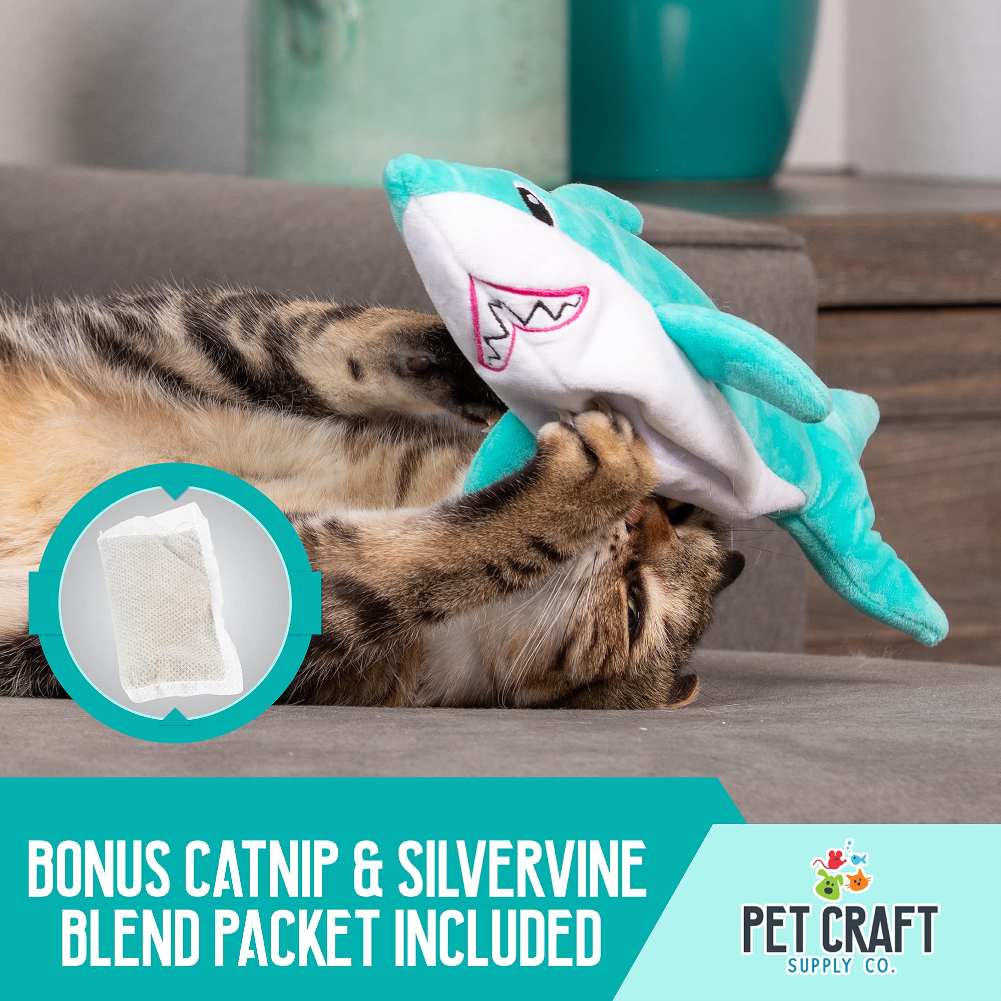 Pet Craft Supply Wiggle Pickle & Shimmy Shark Cat Toy - Interactive Electric Flopping Fish with Catnip & Silvervine, Multi, All Breeds