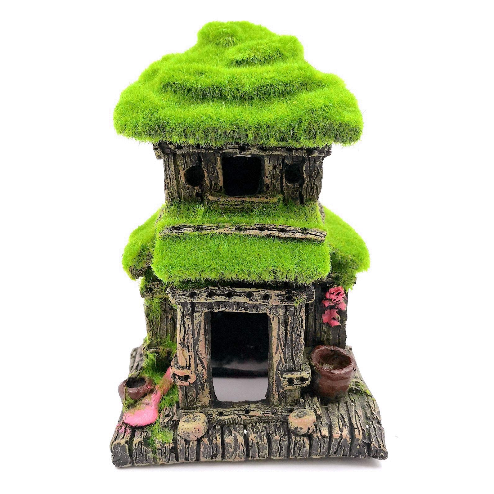 M2Cbridge Aquarium Decorations Fish Hideout House Betta Cave With Green Lifelike Moss (Style 3)