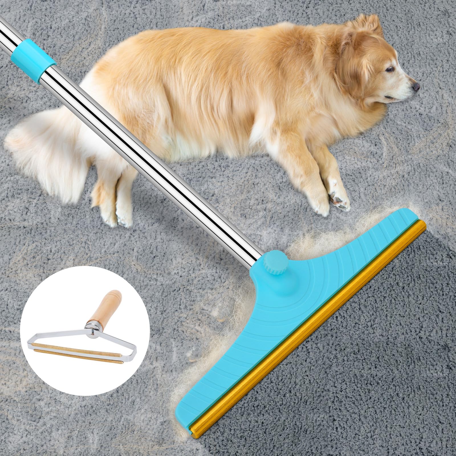 Eaersan Carpet Rake for Pet Hair Removal - Reusable Pet Hair Remover, 60    Adjustable Long Handle Cat Dog Carpet Rake Scraper, 