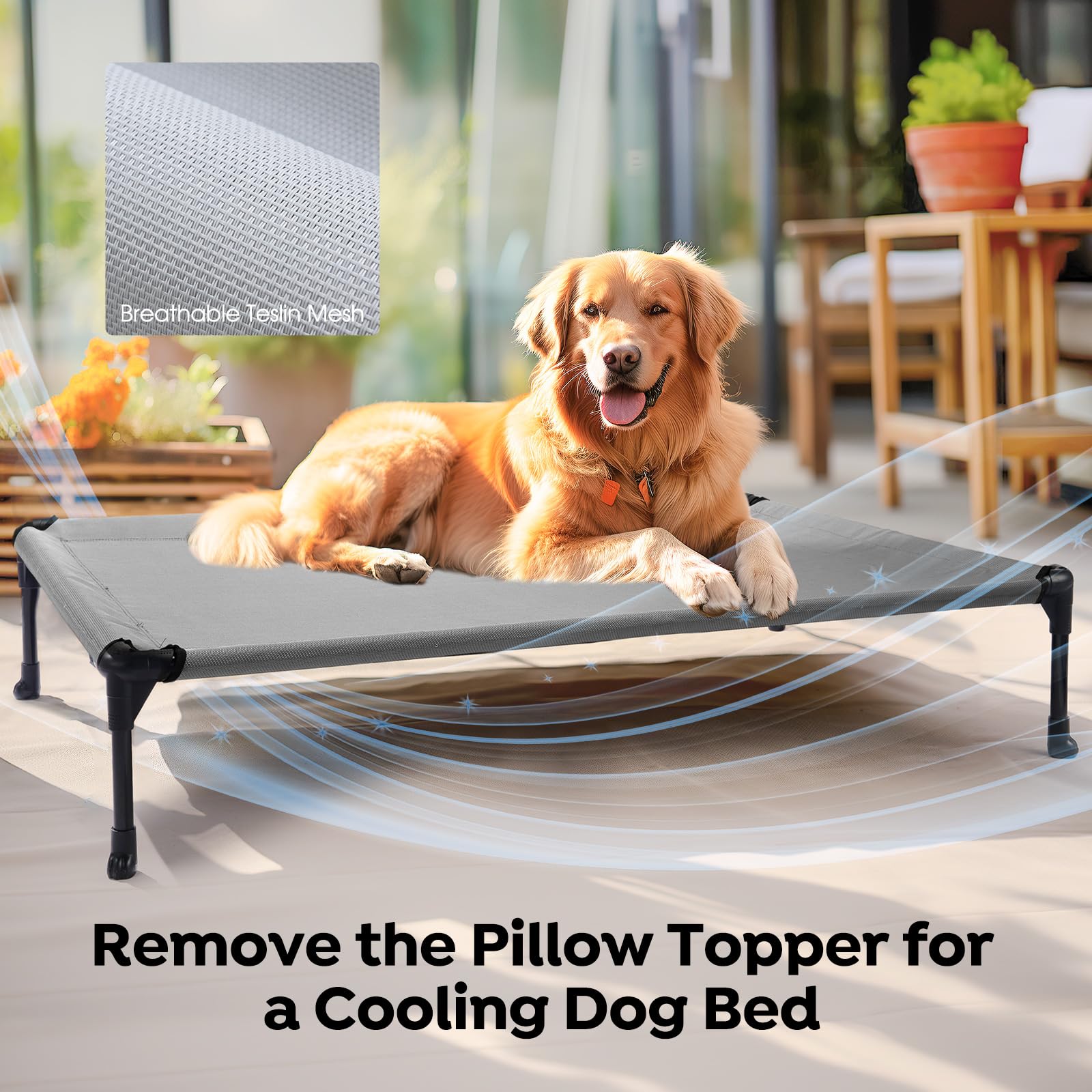 Veehoo Cooling Elevated Dog Bed Add Removable Waterproof Bolster Cushion Mat, Raised Pet Cot with Breathable Teslin Mesh, No-Sli