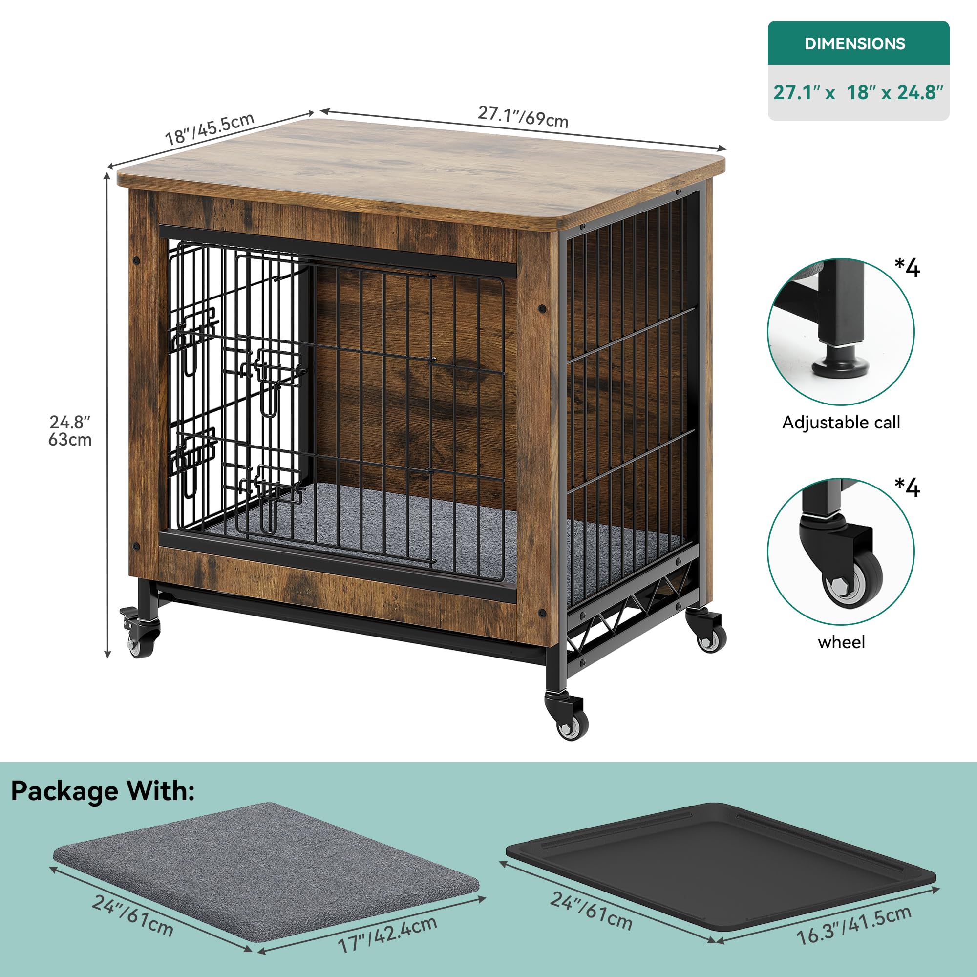 Dwvo Dog Crate Furniture With Wheels, 27'' Dog Kennel Indoor With Cushion, Dog Crate End Table With Tray, Dog Cage With Double D