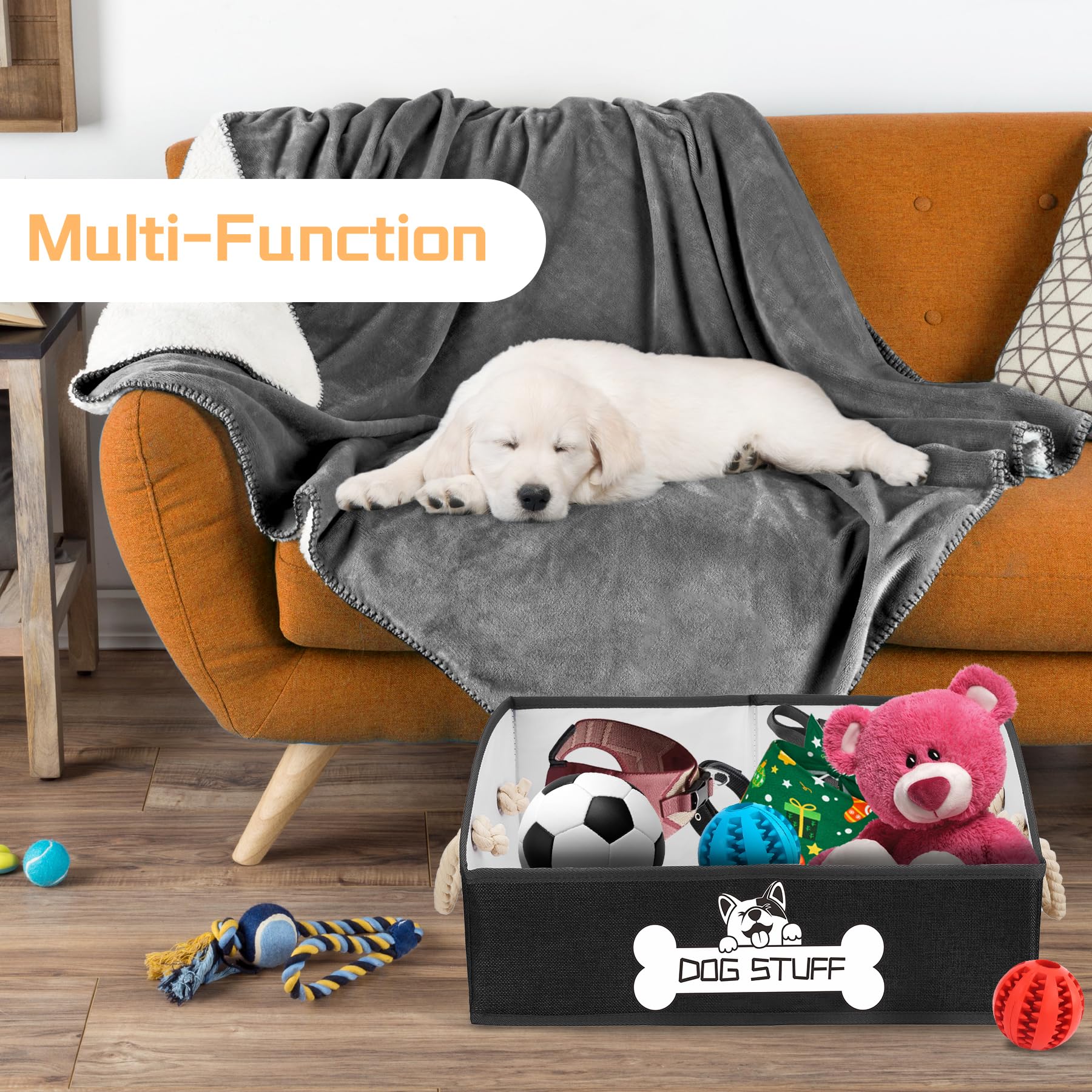 Thankspaw Dog Toy Box, Large Dog Toys Storage with Handle, Fabric Trapezoid Dog Toy Bin, Collapsible Basket Chest Organizer, Per