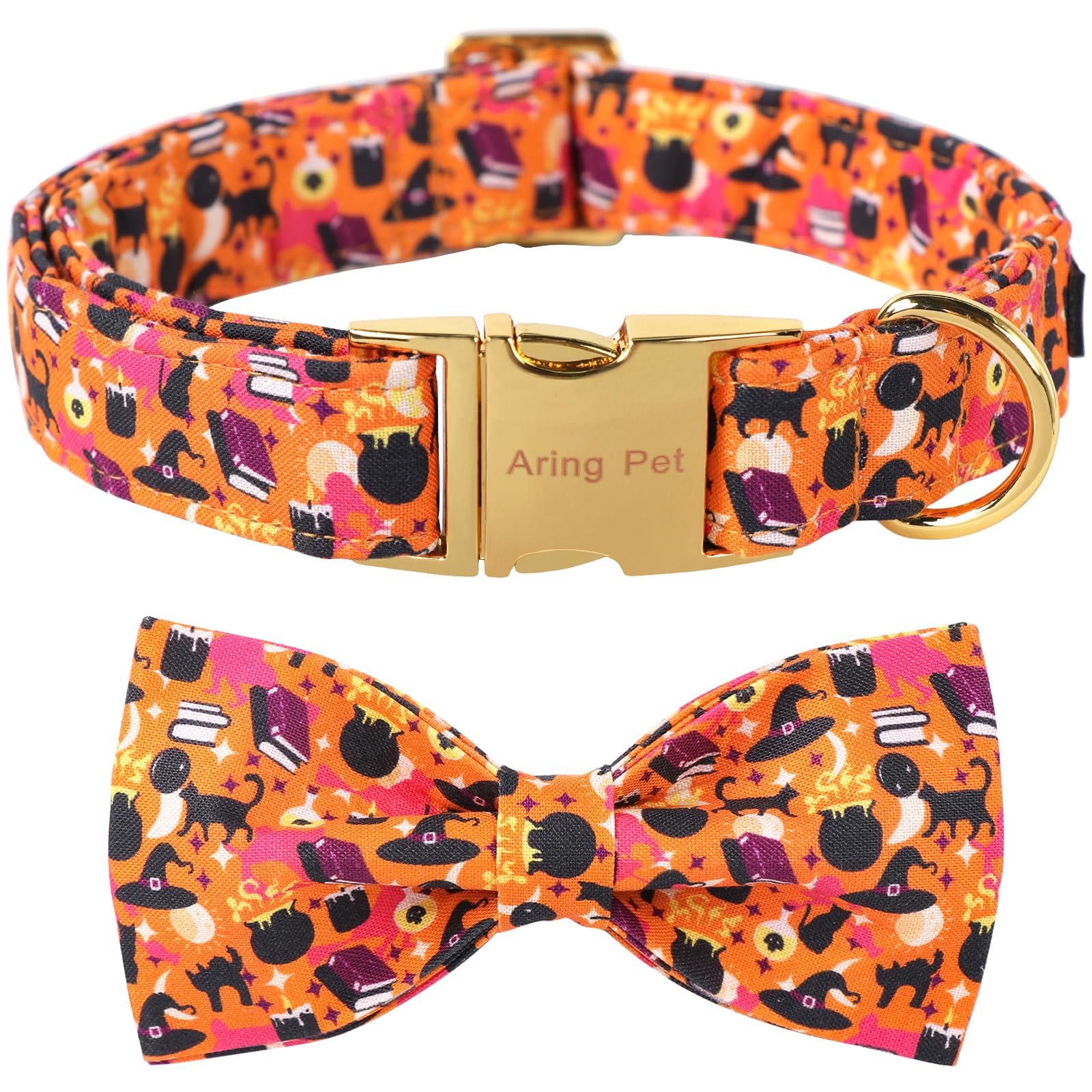 Aring Pet Halloween Dog Collar, Cute Orange Festival Dog Collar With Bow, Adjustable Cotton Halloween Pet Collars With Metal Buc