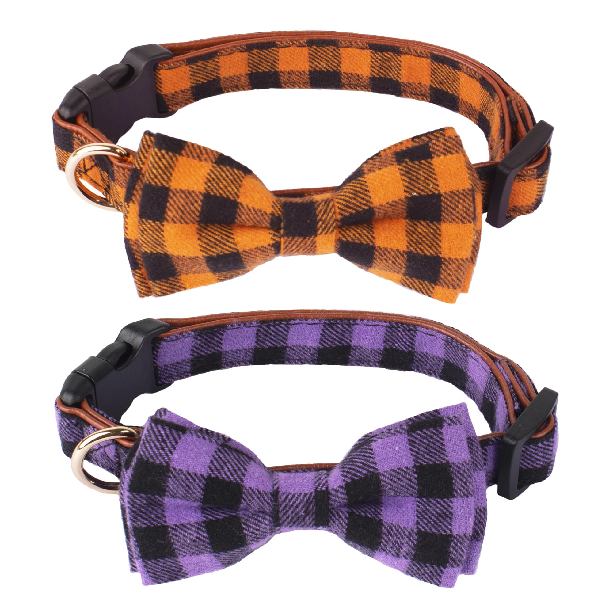 Adoggygo Halloween Dog Collar With Bow, Adjustable Plaid Dog Collars With Removable Bowtie Orange Purple Plaid Halloween Collars For Small Dogs Pets (Small, Orange&Purple)