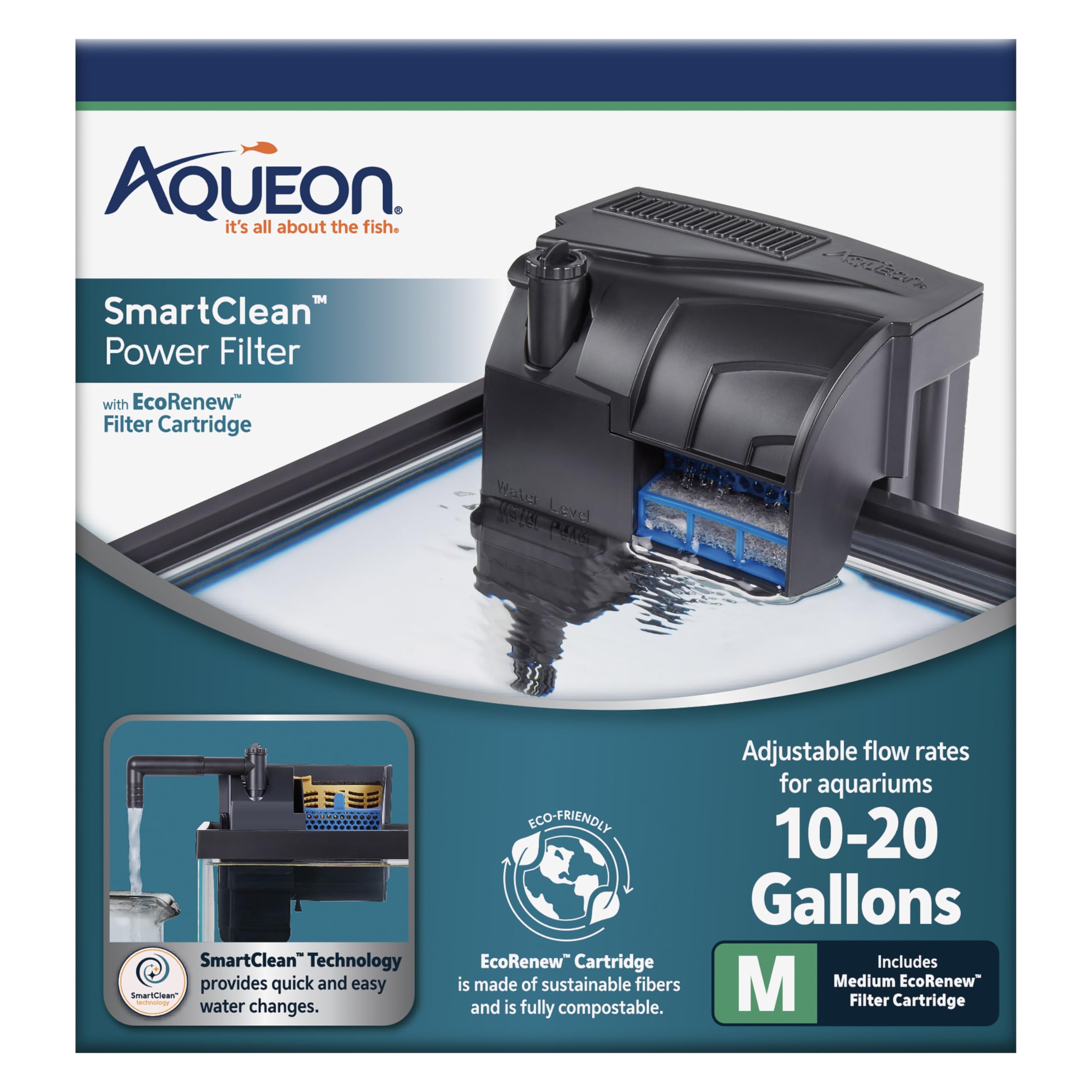 Aqueon Aquarium Fish Tank Smartclean Power Filter With Ecorenew Filter Cartridge, 10-20 Gallons