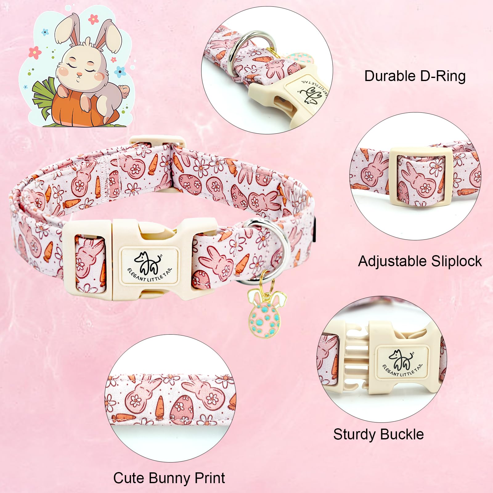 Elegant Little Tail Easter Dog Collar,Bunny Pattern Pet Collar Pink Durable Holiday Female Or Male Adjustable Cotton Pet Collar