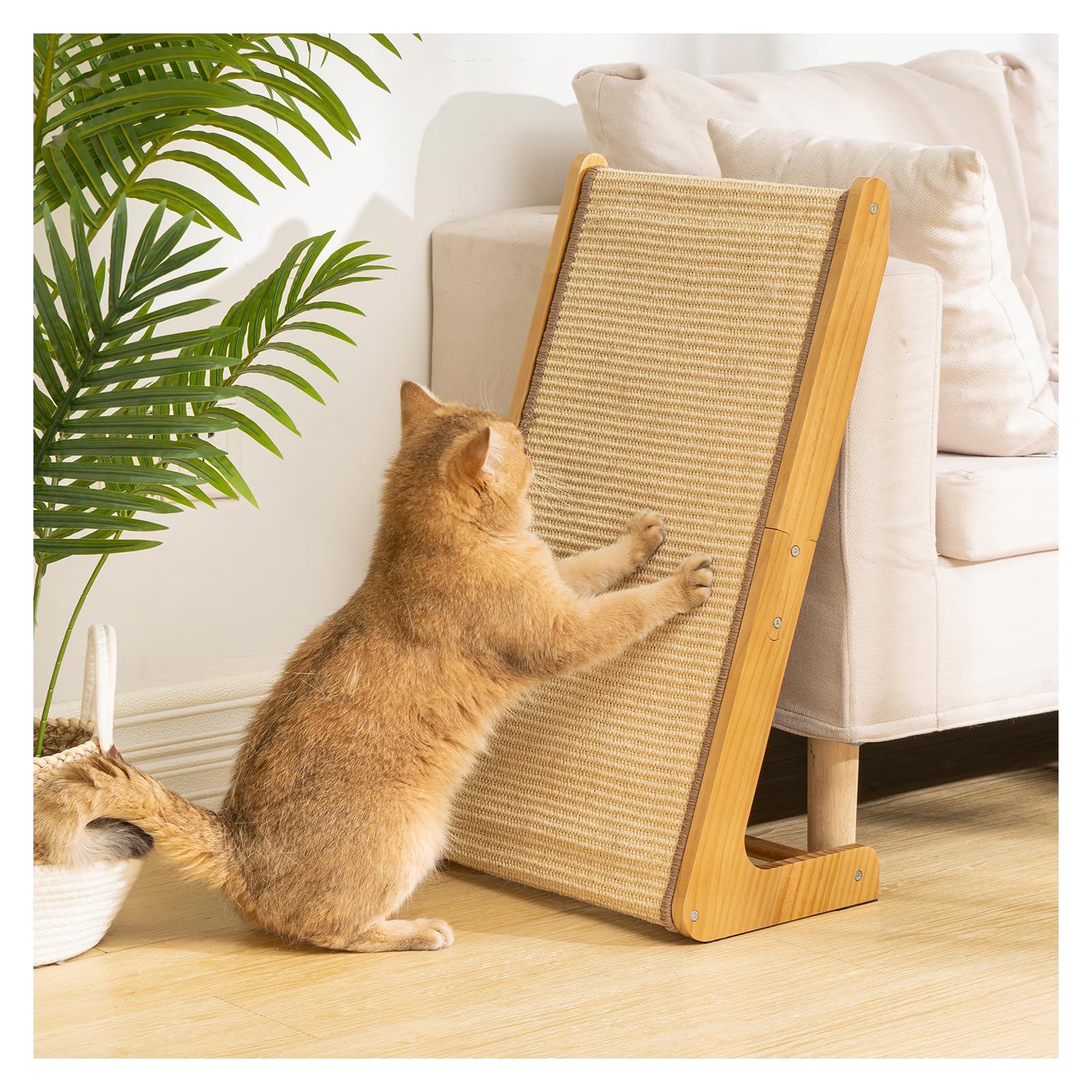 Avont Sisal Cat Scratcher, 25.6 Inch Vertical L Shape Scratching Board with 110 Angled Ramp, Natural Solid Wood with No Mess Scr