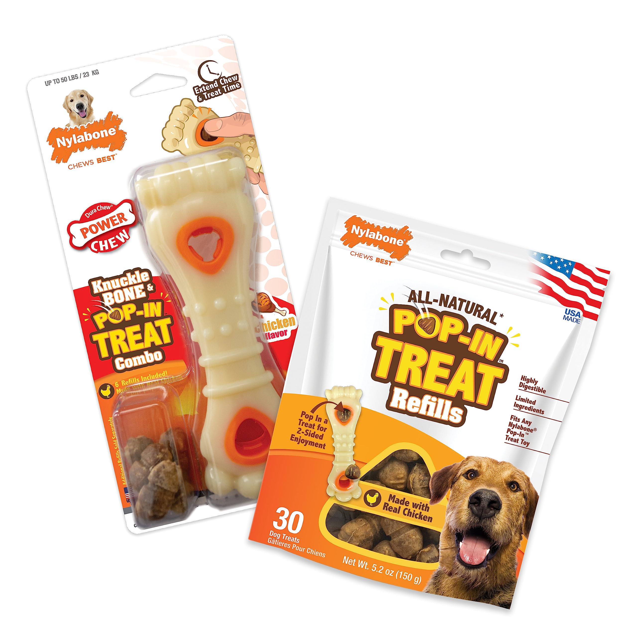 Nylabone Power Chew Knuckle Bone & Pop-in Dog Treat Toy Combo Bundle - Tough Dog Toy for Aggressive Chewers and Treat Pouch - Du