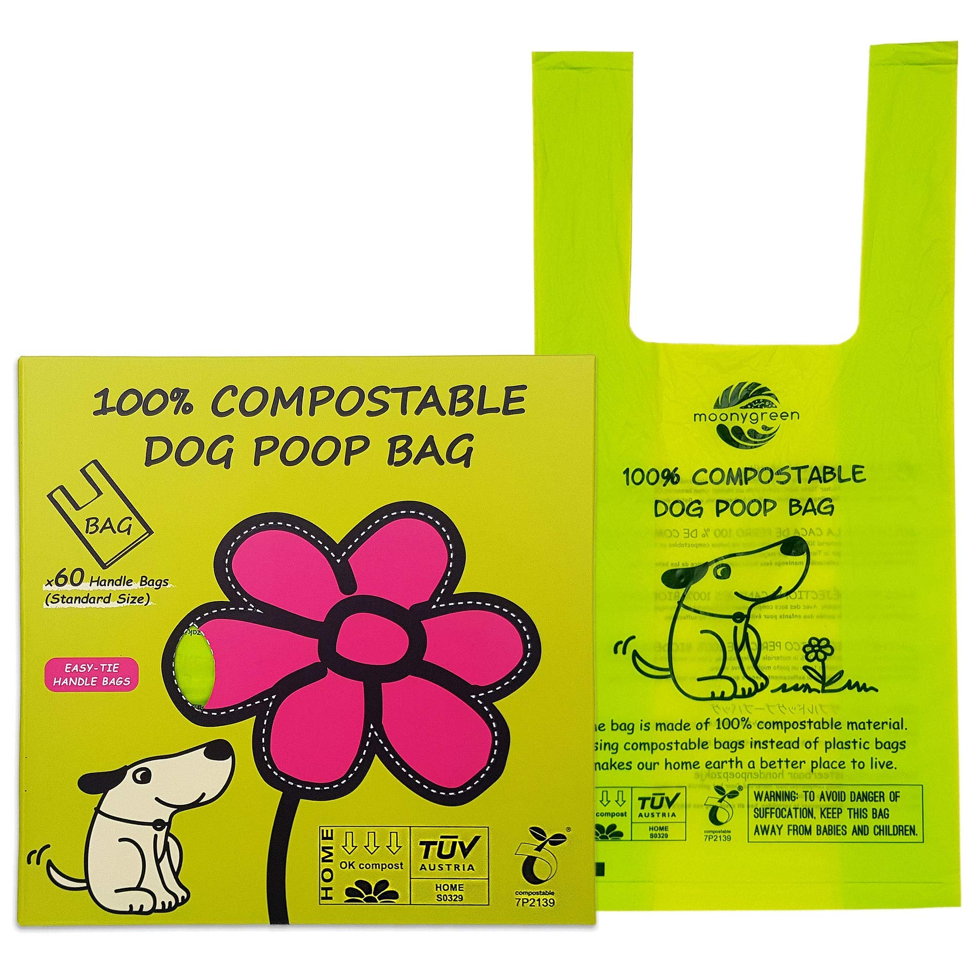 Moonygreen Dog Poop Bag, Compostable Cat Litter Bags With Easy-Tie Handles, Eco-Friendly Pet Waste Bags, Unscented, Vegetable-Based, Extra Thick, Leak Proof, Fits For Dogs And Cat Scoops, 60 Counts