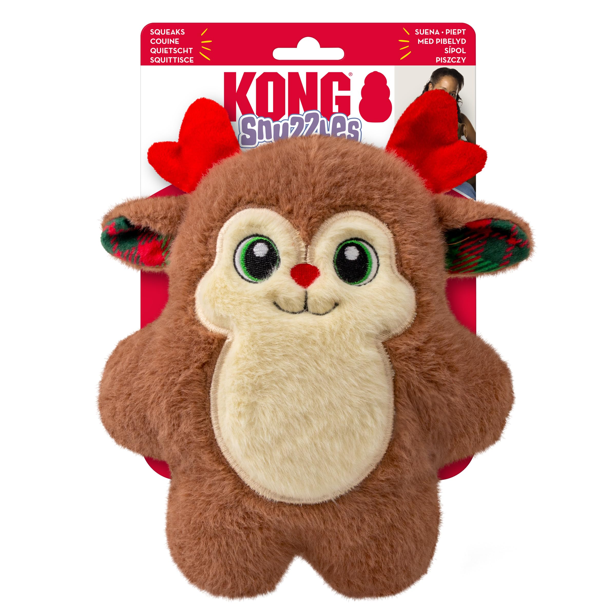 KONG Holiday Snuzzles Dog Toy - Plush Seasonal Characters, Full-Body Squeaker, Soft Holiday Cuddle Toy for Indoor Play (Reindeer