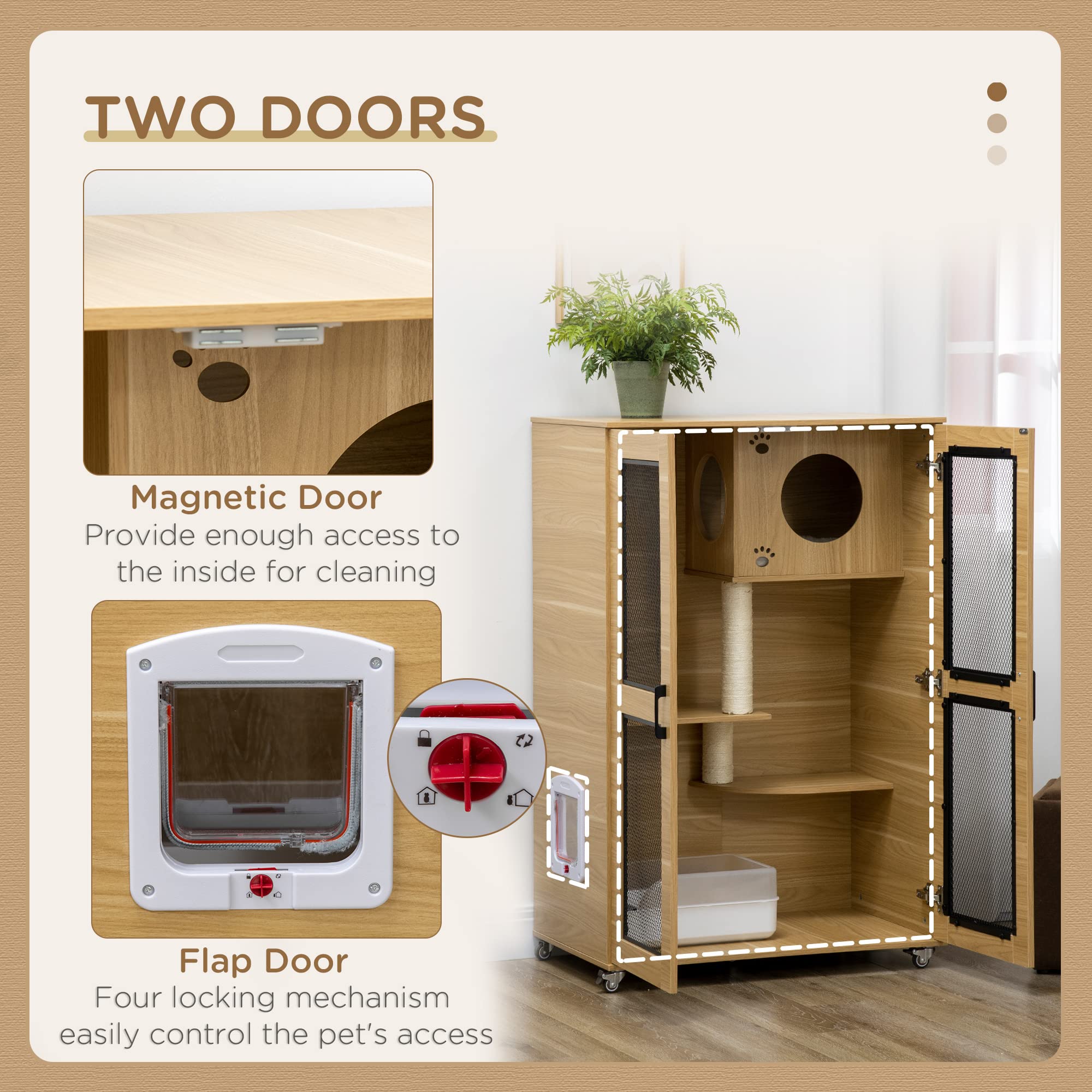 Pawhut Luxury Cat House With Wheels, Kitty Cage Catio Villa For Indoor Cats With Scratching Posts, Condo, Flap Door, Cushion, Oa