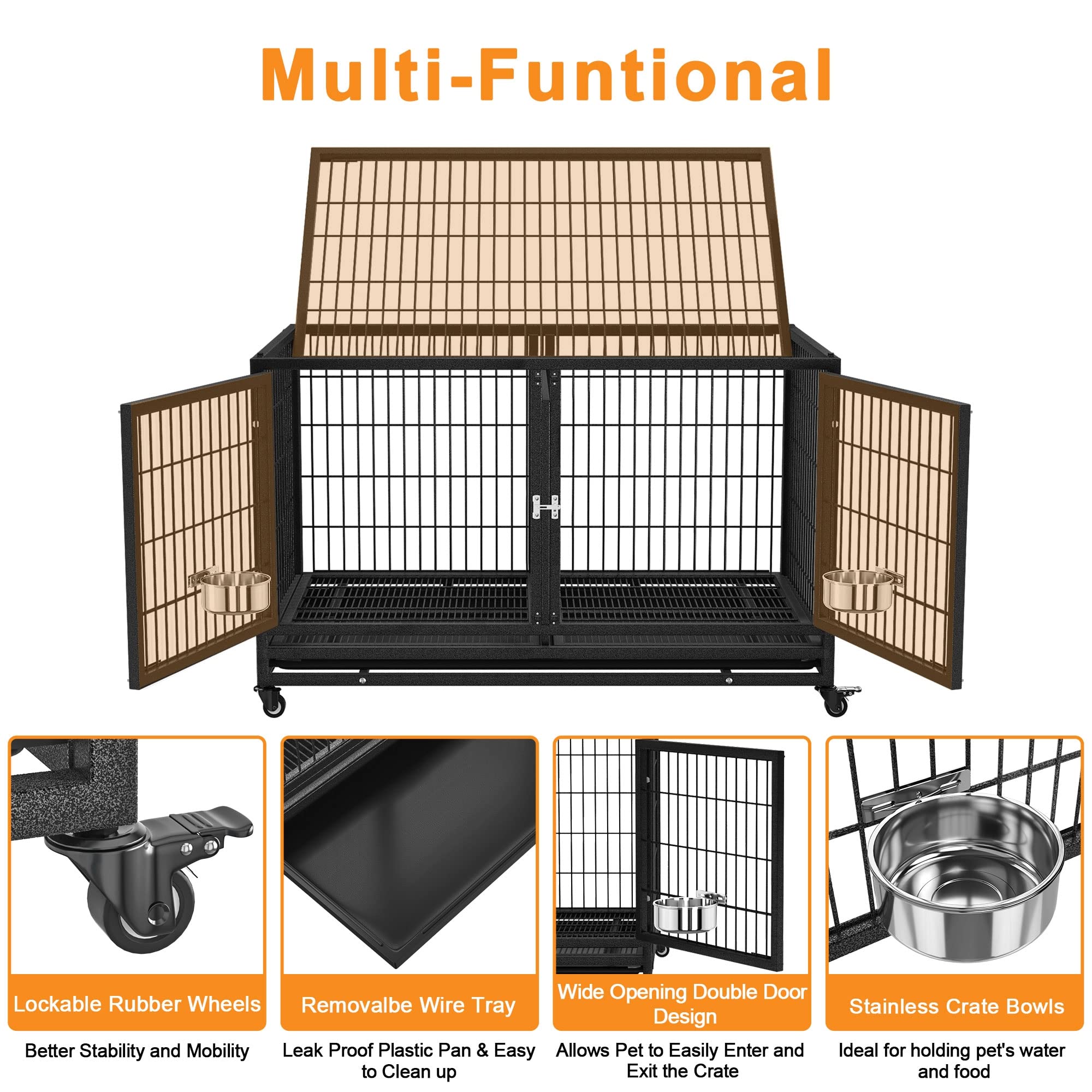 BOLDBONE Heavy Duty Dog Crate 48-Inch with Divider, Black, Stackable Metal Kennel, Leak-Proof Pans, Extra Large for Large Dogs