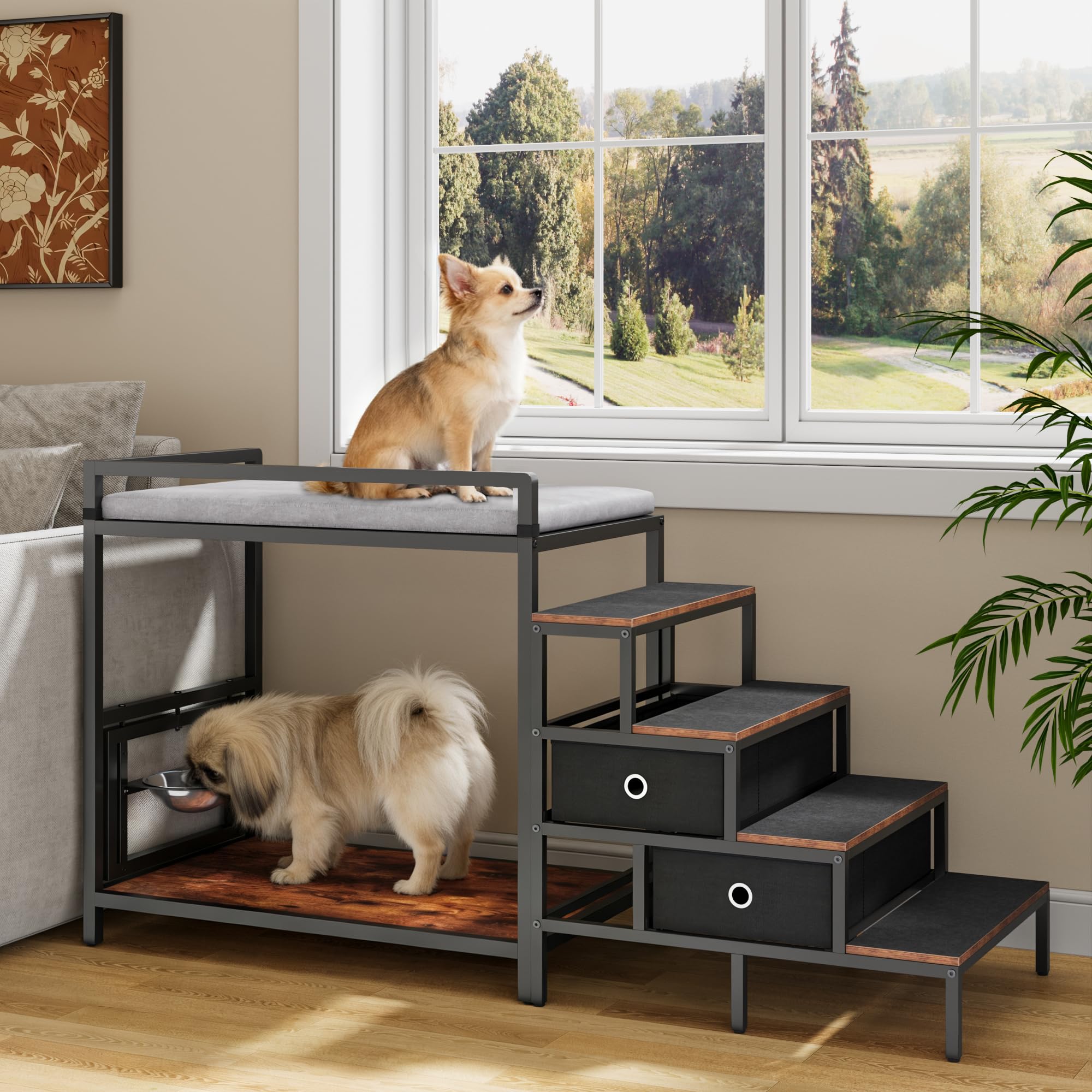 kepptory Pet Bunk Bed with Stairs and Storage, Dog Beds Attachment to Human Bed, Bedside Dogs Cot for Small, Medium Cats & Dogs,
