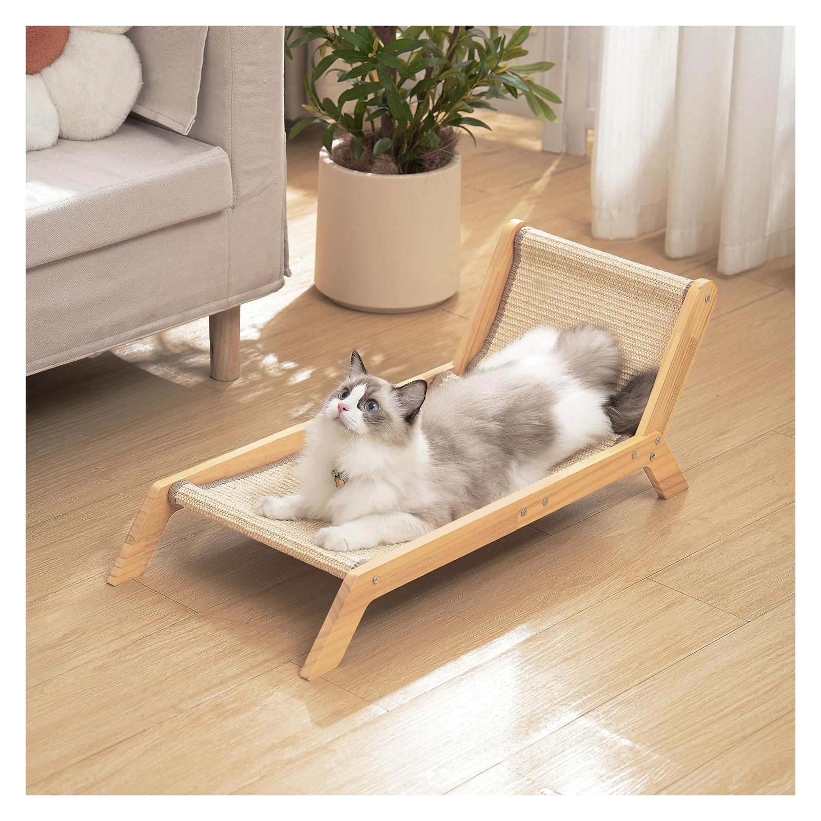 Avont Cat Scratcher Bed, Natural Sisal Scratching Pad Solid Wood Frame Cat Lounge Chair Couch for Indoor Cats -Extra Large