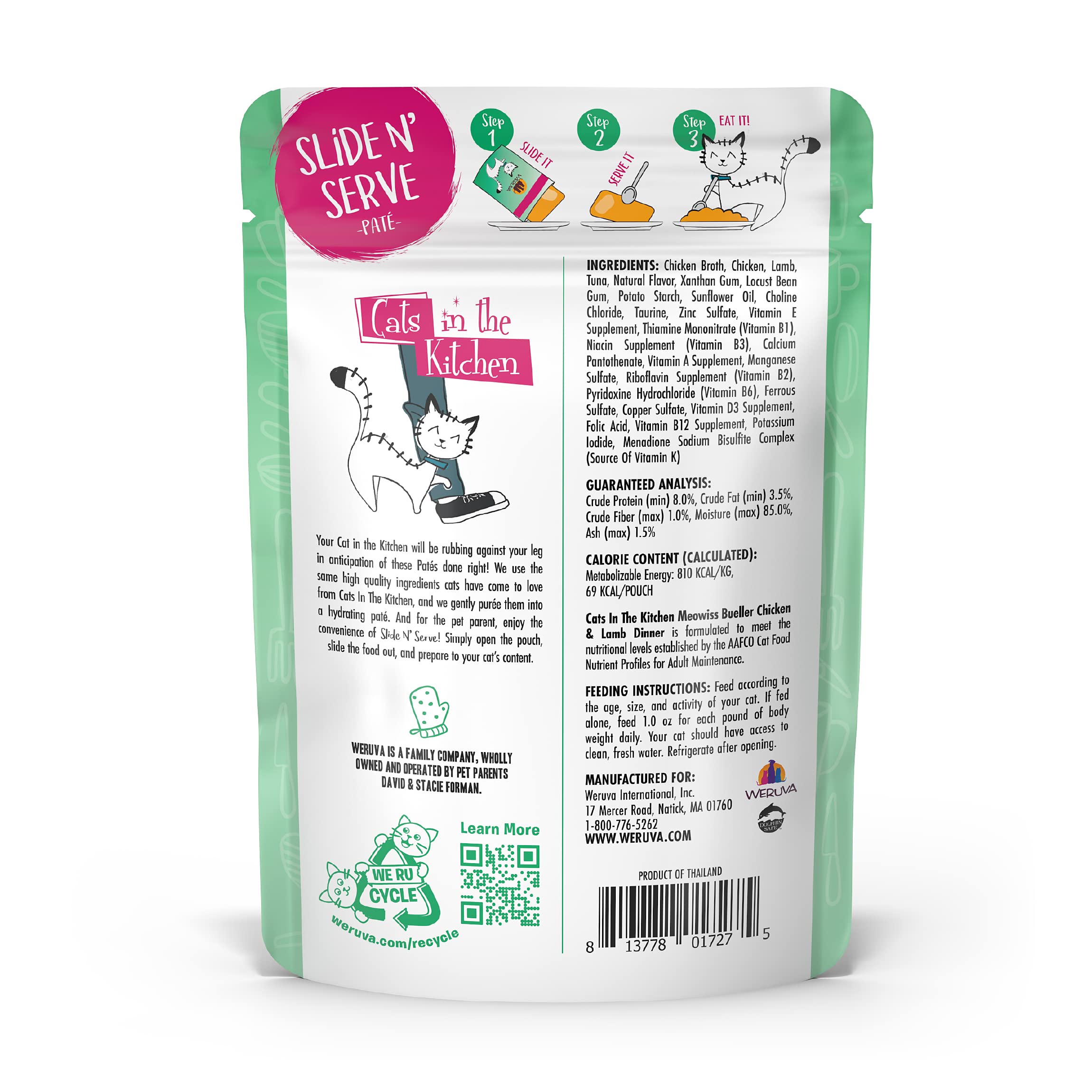 Weruva Cats in The Kitchen Slide N Serve Grain-Free Natural Wet Pate Cat Food Pouches, Meowiss Bueller, 3oz Pouch (Pack of 12)