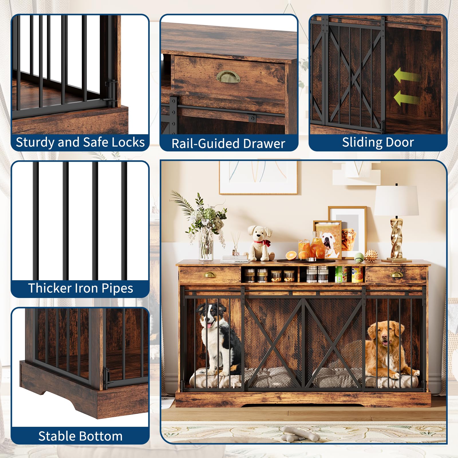 GarveeLife 63 in Extra Large Double Dog Crate with Removable Divider, Heavy Duty Dog Kennel Furniture with 2 Drawers, Indoor Dec