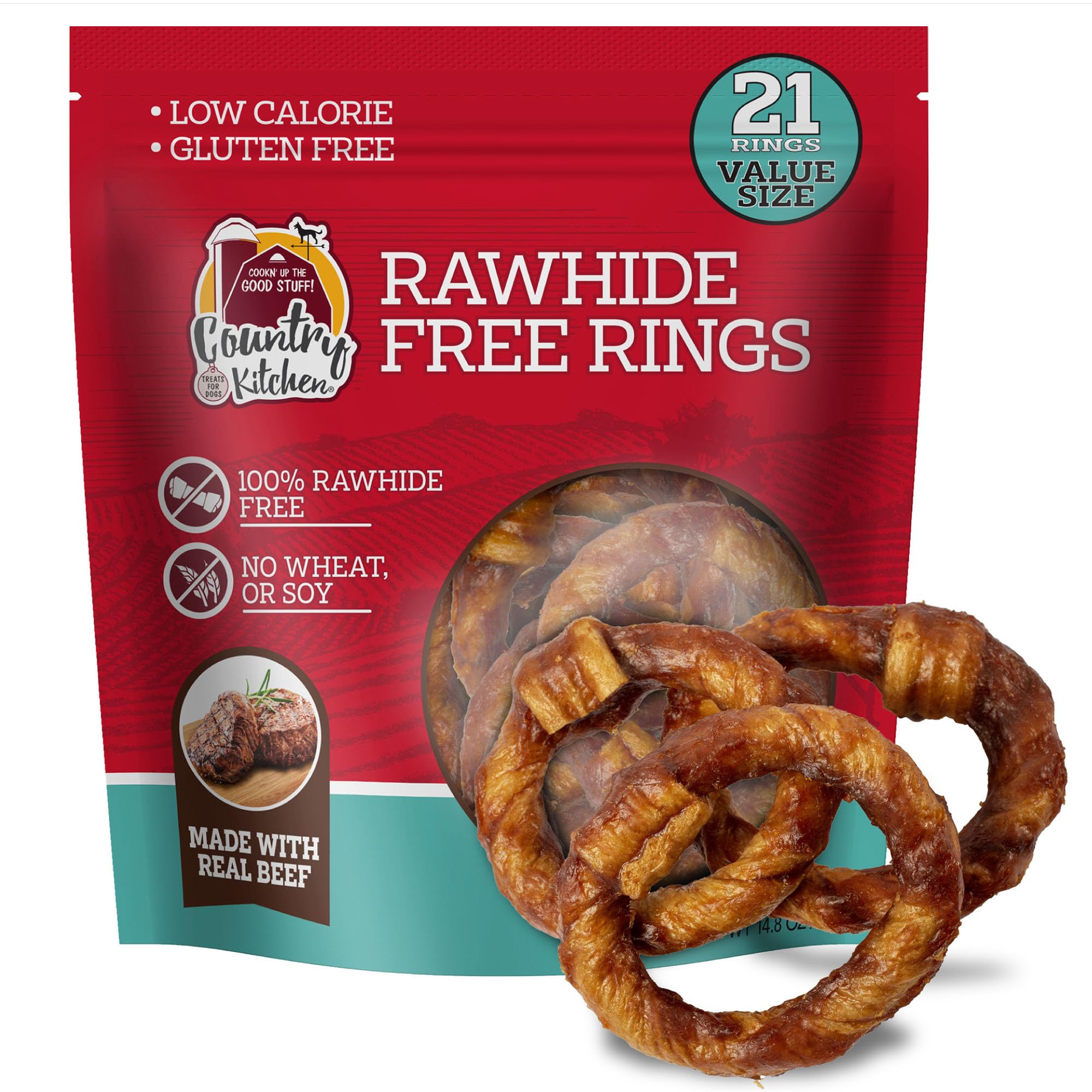 Country Kitchen Rawhide Free Rings Dog Chews, Made with Real Beef, 21 Count
