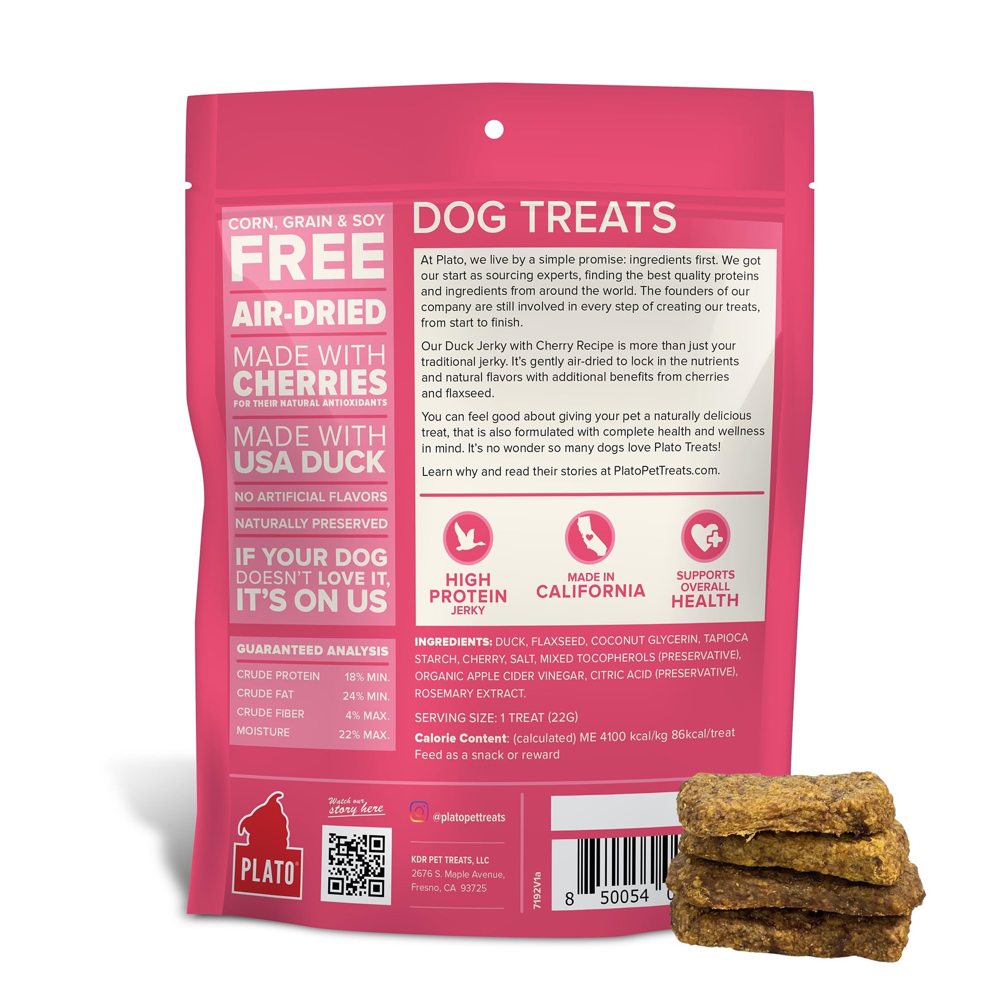 Plato Pet Treats - Air-Dried Jerky - Delicious, Real Meat Dog Treats - Grain Free - Supports Healthy Digestion - Duck with Cherr