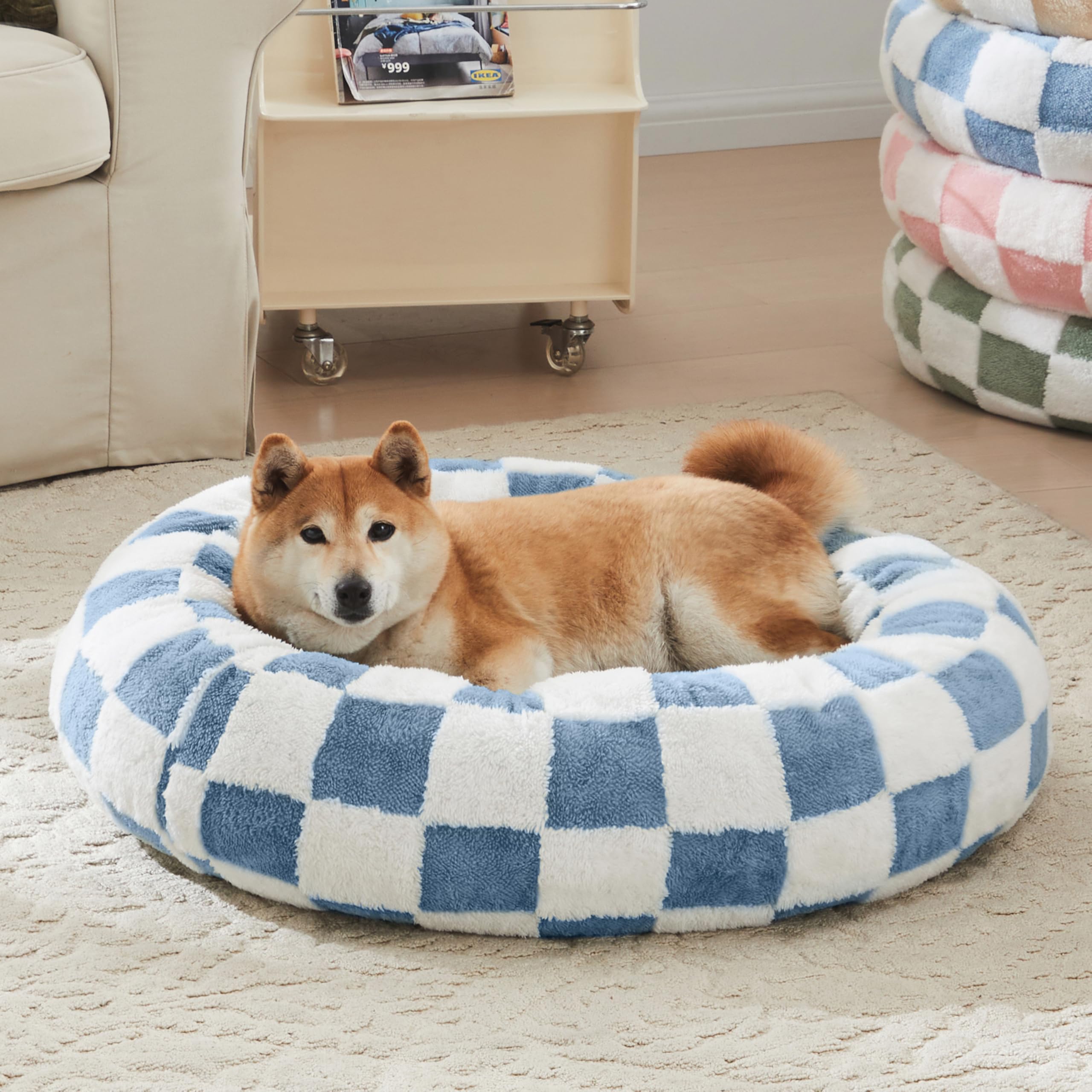 Ohocut Checkered Dog Bed, Cute Blue Retro Style Aesthetic Round Warming Pet Calming Beds For Small Dog And Cats, Plush Cozy Donu