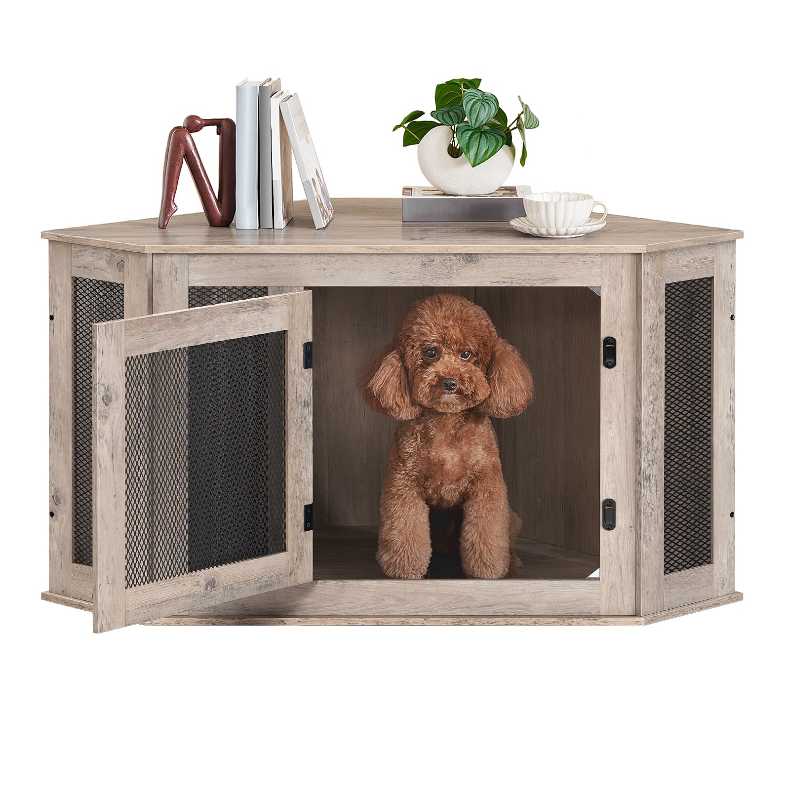 MAHANCRIS Corner Dog Crate Furniture, Wooden Dog Kennel End Table, Decorative Pet Crate Indoor Use, Furniture Style Dog House fo