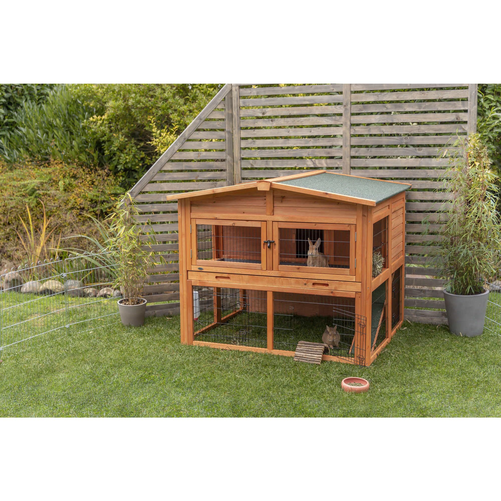 Trixie Natura Outdoor Deluxe Rabbit Hutch With Run - Large 2-Story Rabbit Cage With Non-Slip Ramp - Elevated Small Animal House