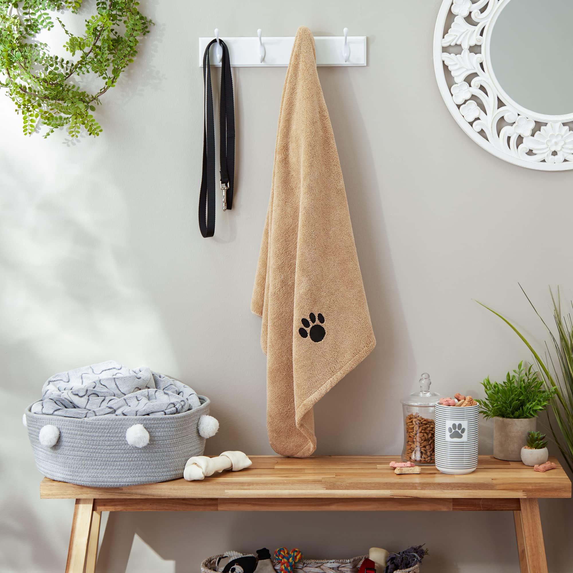 Bone Dry Pet Grooming Towel Collection Absorbent Microfiber X-Large, 41X23.5'', Embroidered Taupe