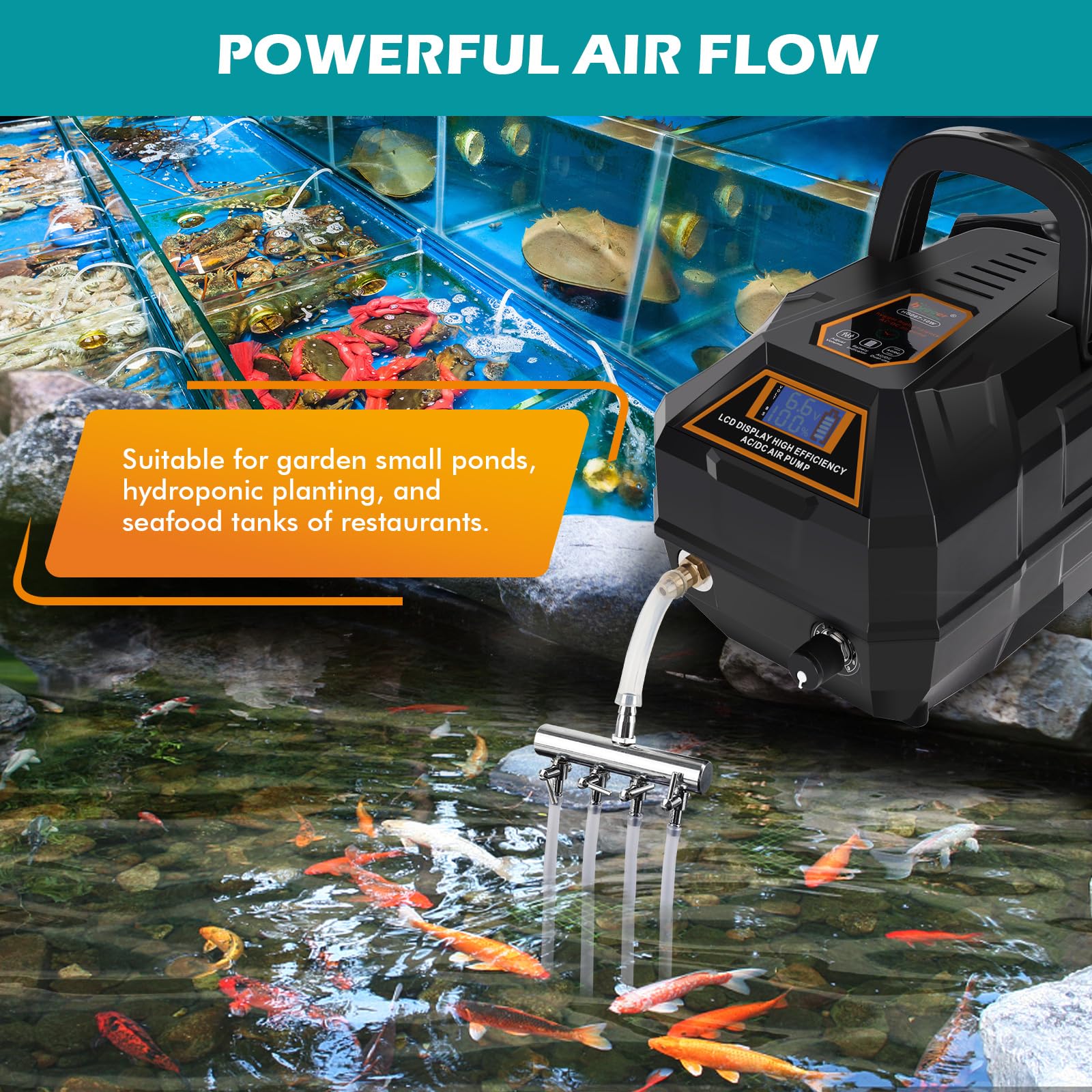 hygger Rechargeable Aquarium Pond Air Pump, Powerful Quiet Commercial Tank Air Pump with Hose Air Stone Check Valve Adjustable F