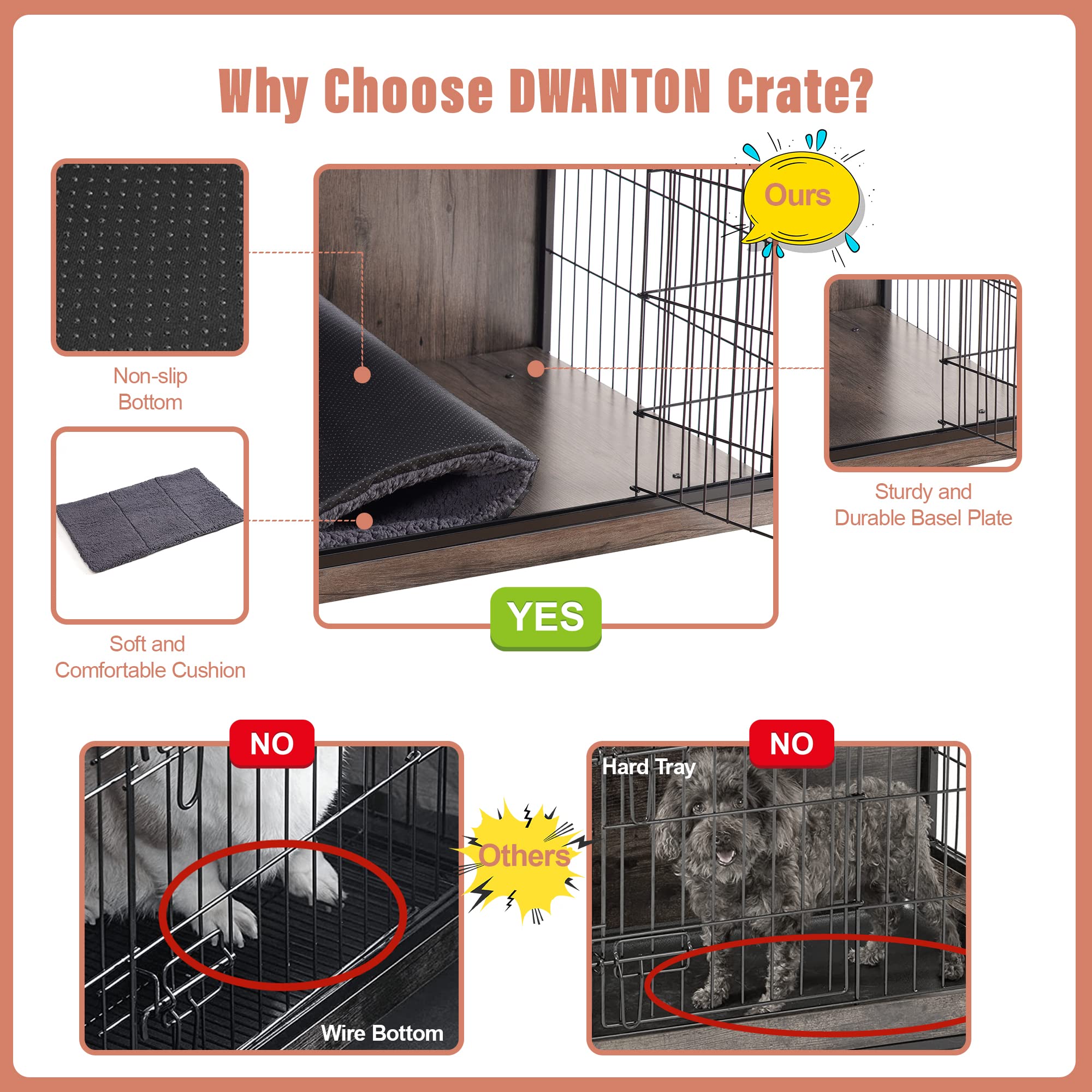 Dwanton Dog Crate Furniture With Cushion, Wooden Crate With Double Doors, Dog Kennel Indoor For Small/Medium/Large Dog, End Table, Small, 27.2' L, Dark Grey