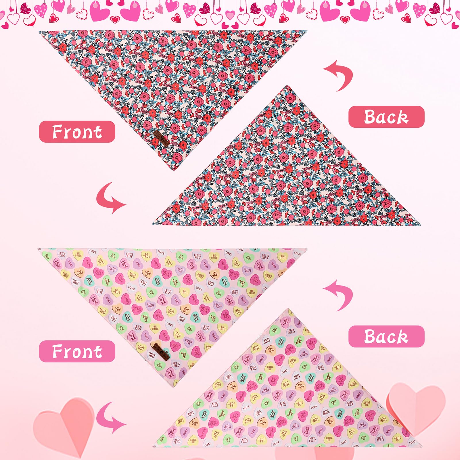 Lionet Paws Valentine'S 2Pcs Dog Bandanas, Red Floral Dog Scarf Bib Premium Fabric, Happy Valentine Heart Bandanas For Small Med