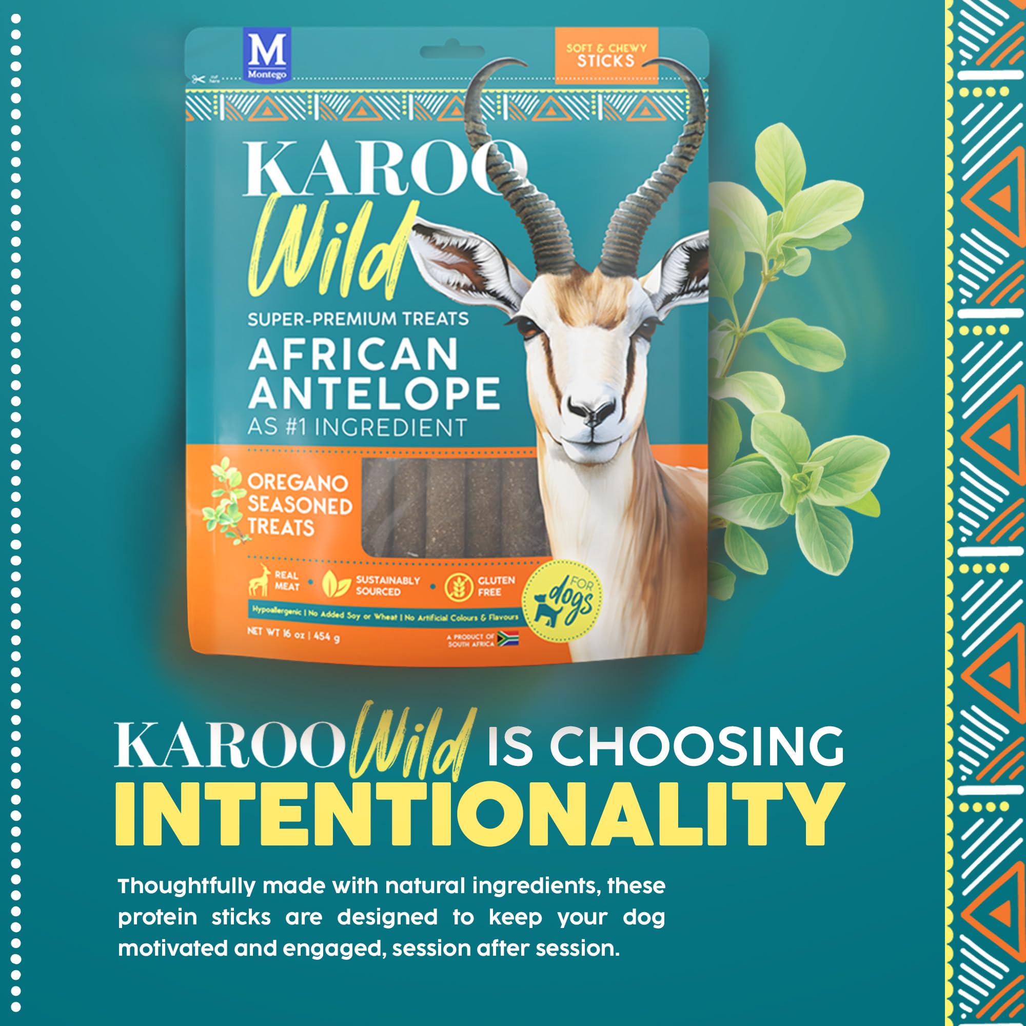 Karoo Wild Sticks Oregano Seasoned Treats for Dogs - 16 oz - Soft & Chewy Protein Sticks Made with African Antelope - Ideal for