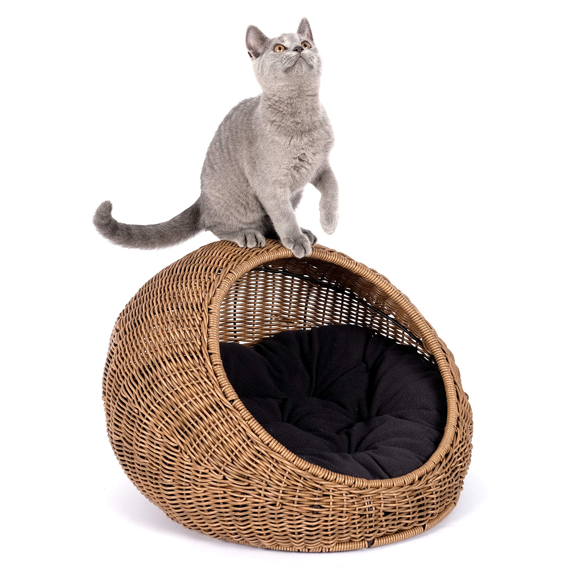 D+Garden Wicker Cat Bed Dome For Medium Indoor Cats - A Covered Cat Hideaway Hut Of Faux Rattan Houses Pets In Dome Basket, Wash