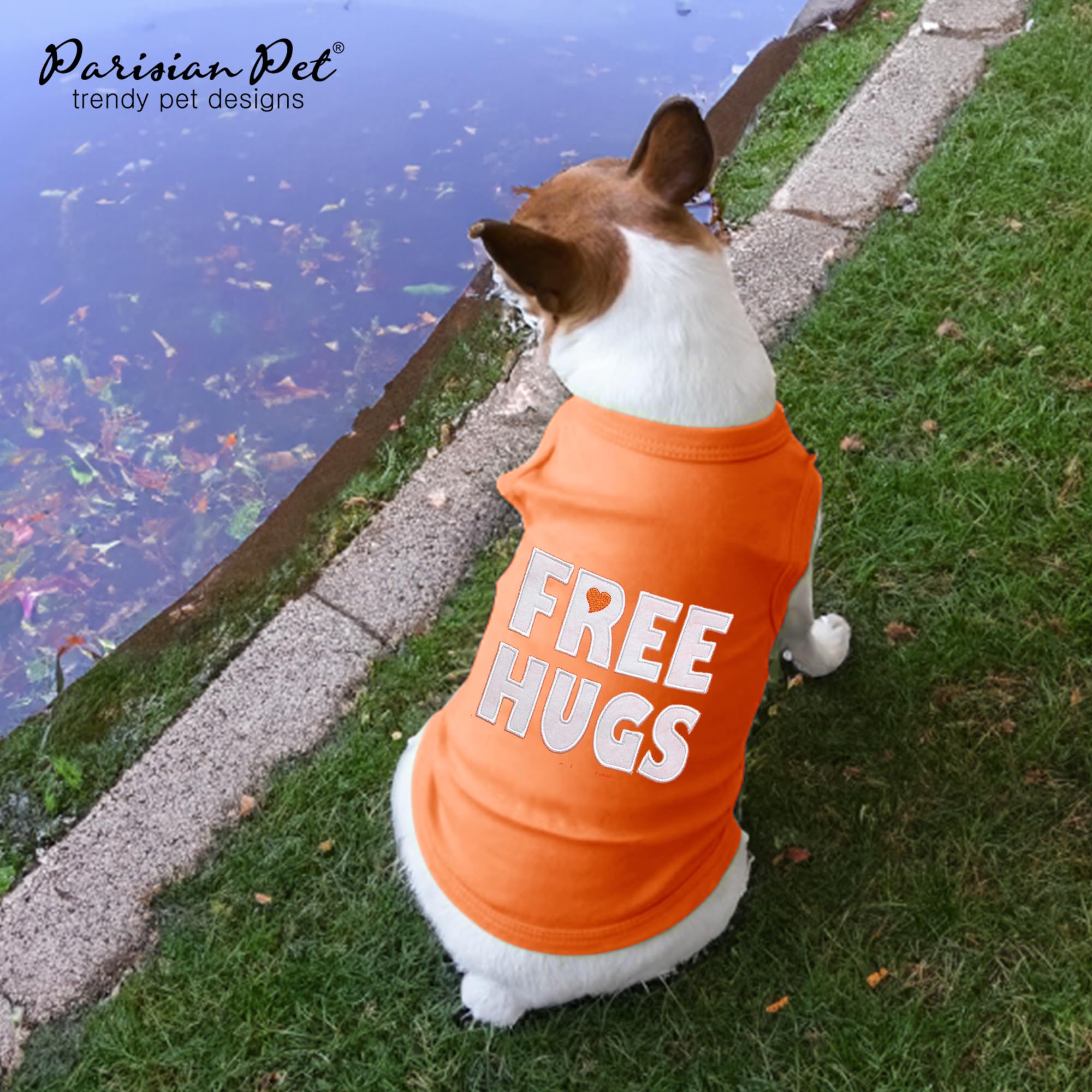 Parisian Pet Dog T-Shirt - Embroidered ' Free Hugs ' Dogs Apparel - 100% Cotton, Dog Clothes - Sleeveless Doggy Tank Top - Machi