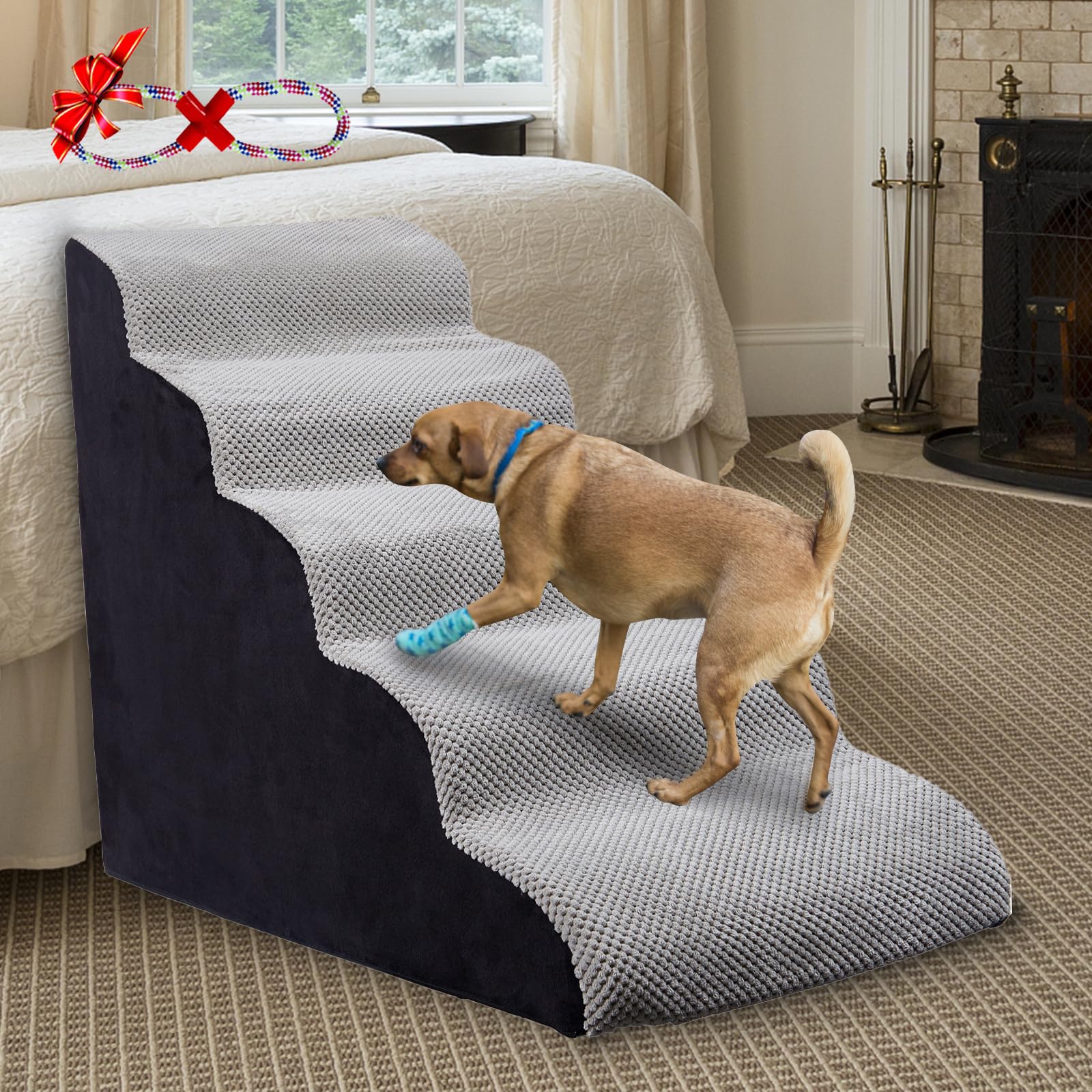 Dog Stair Steps/Ramps for High Beds 24 inches Tall, 5-Step Slope Dog Stairs for Couch/Bedsides 25-28 inches, Pet Stairs for Smal