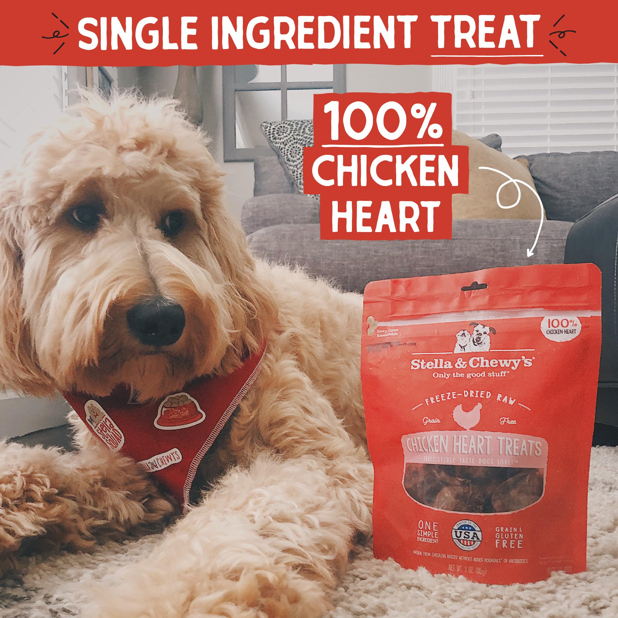 Stella & Chewys Freeze-Dried Raw Single Ingredient Chicken Hearts Dog Treats, 3 oz. Bag