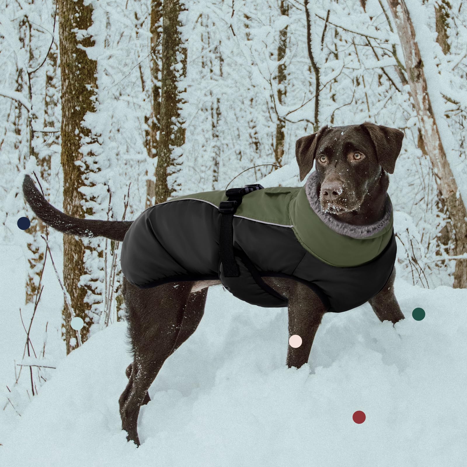 IECOii Extra Warm Reflective Dog Coat Jacket for Cold Weather, XXX-Large, Army Green, Adjustable with Buckle, Fleece Turtleneck