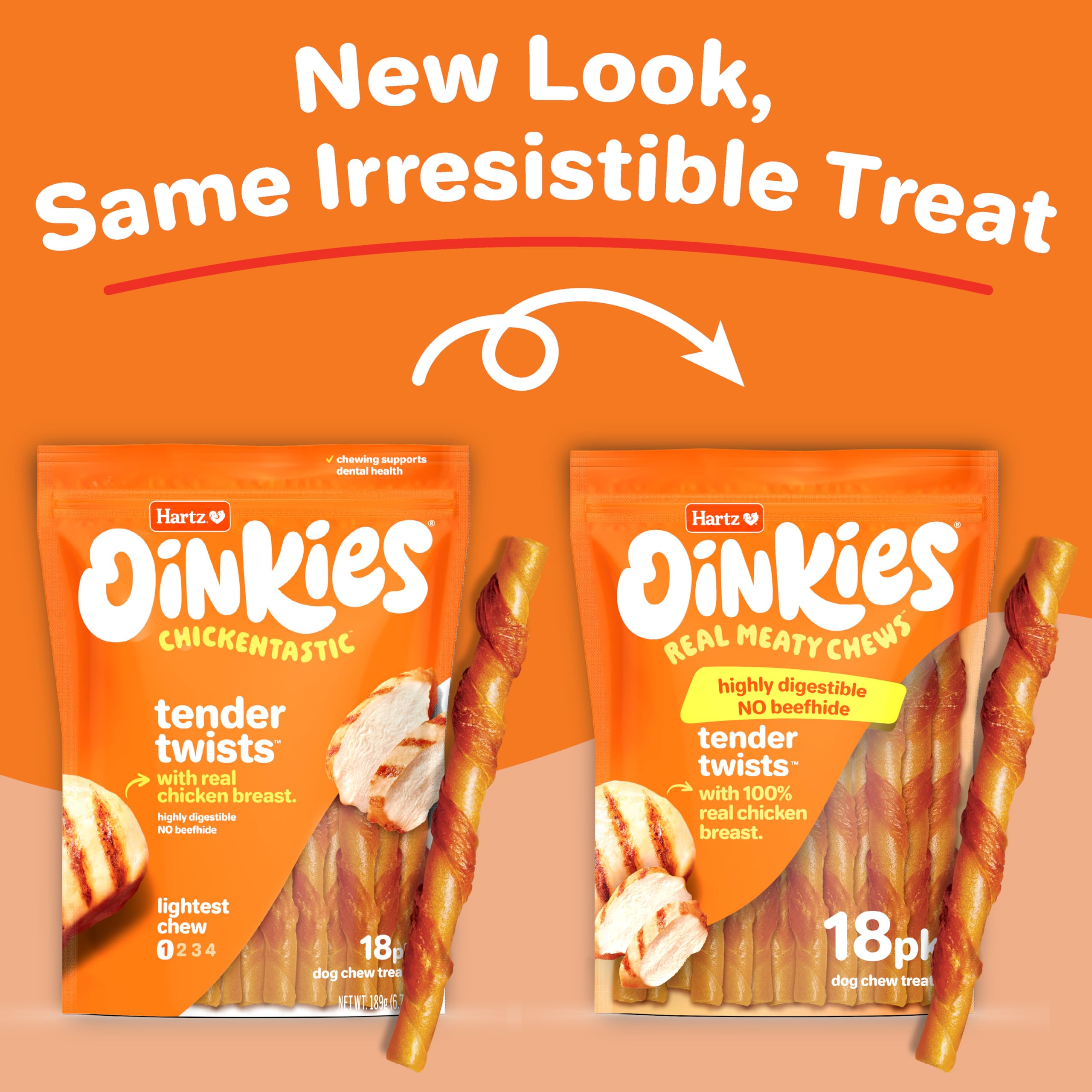 Hartz Oinkies Rawhide-Free Tender Treats Wrapped with Chicken Dog Treats Chews, 18 Count, Highly Digestible, No Artificial Flavo