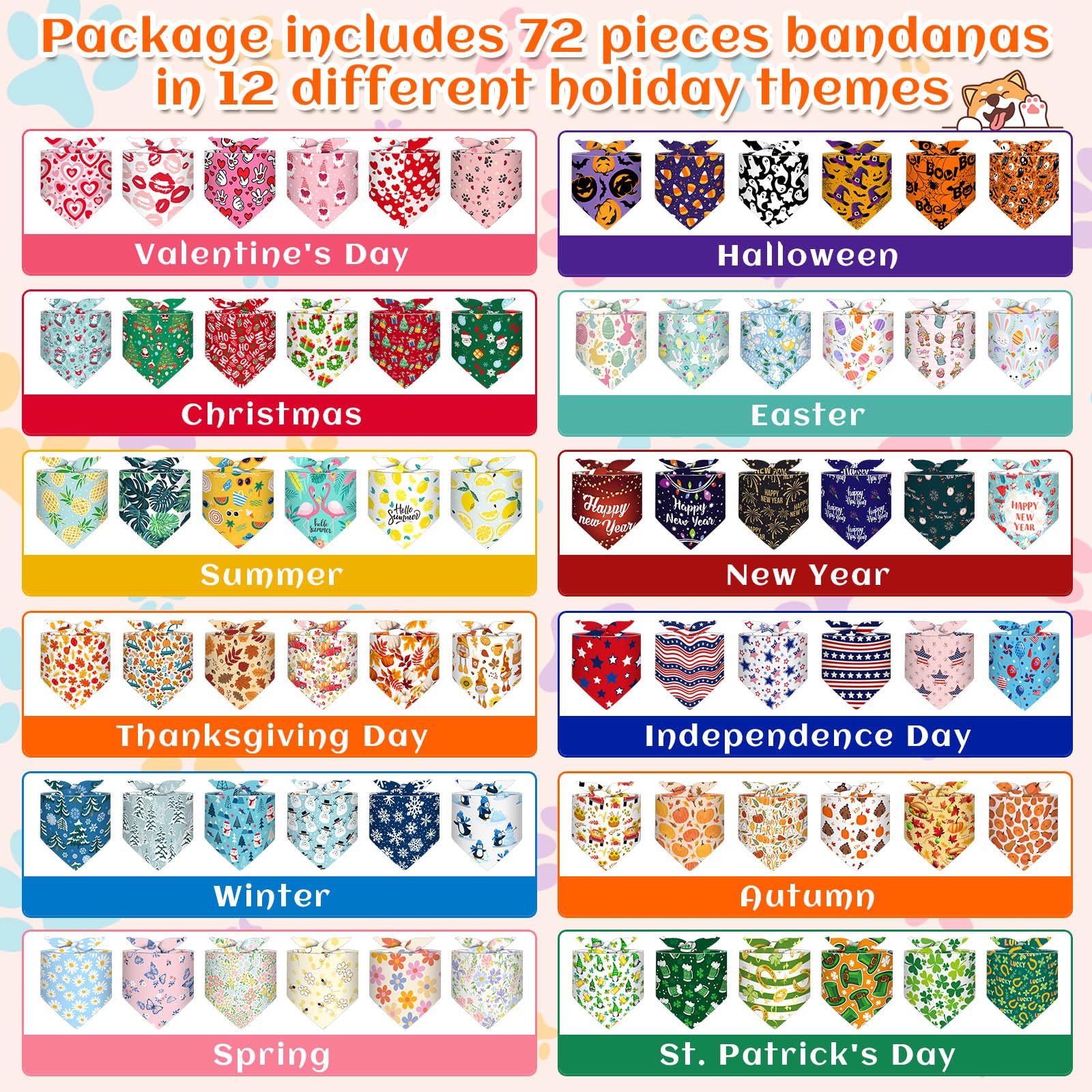 Reginary 72 Packs Holiday Dogs Bandanas Bulk Patriotic Halloween Thanksgiving Christmas New Year Birthday Summer Scarf Bibs East