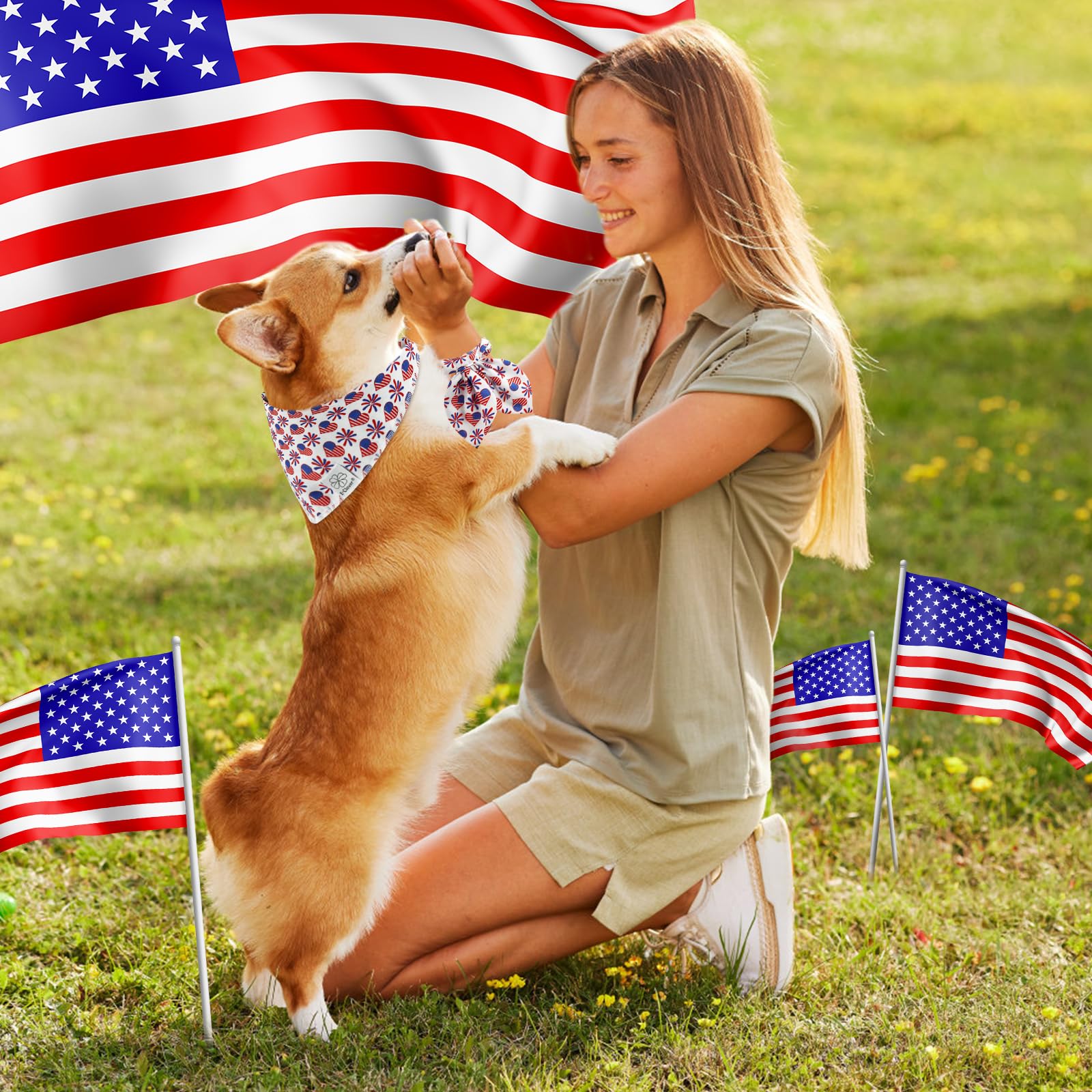 E-Clover 4Th Of July Dog Bandanas & Matching Scrunchie Set American Flag Dog Scarf Bibs Pet Bandana With Bow Tie For Medium Larg