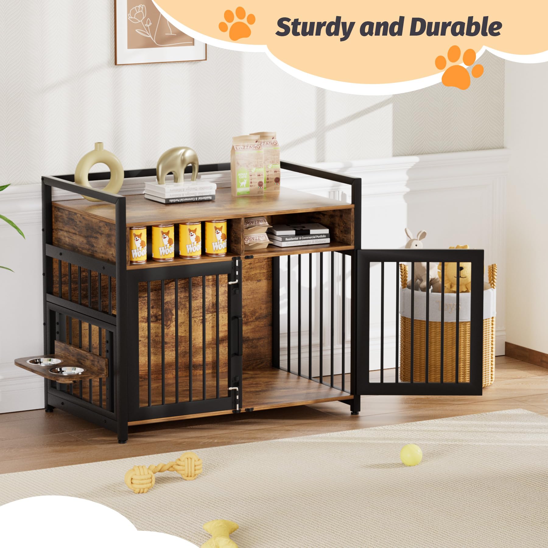 GarveeHome Dog Crate Furniture, Large Dog Cage with 2 Open Storage Shelves, 41 Inch Dog Kennel with Adjustable Raised Feeders, I