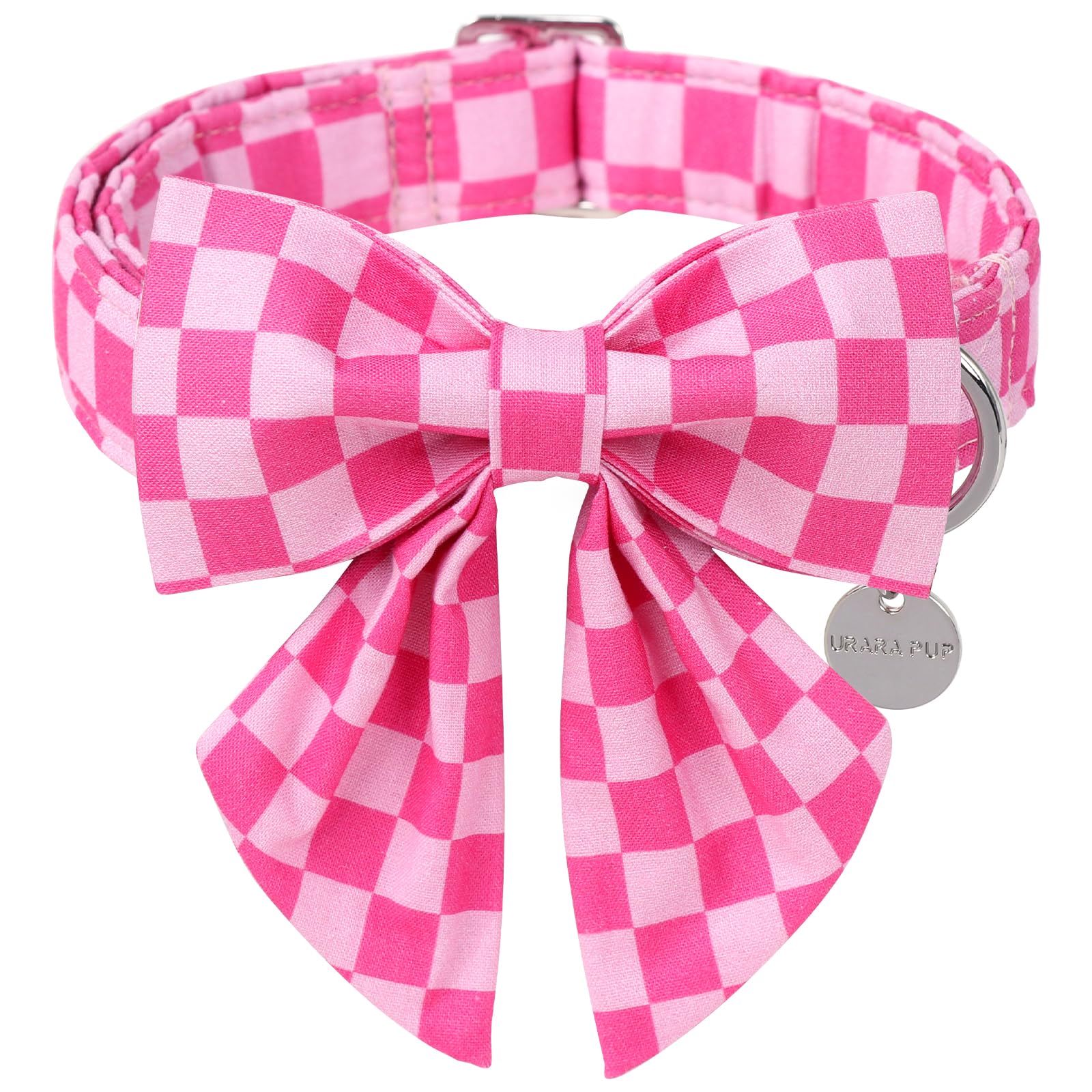 Dog Collar with Bow Tie,UP URARA PUP Pink Plaid Bowtie Dog Collar, Summer Bowtie Collar for Puppy Boy Girl Dog, Comfortable Cott
