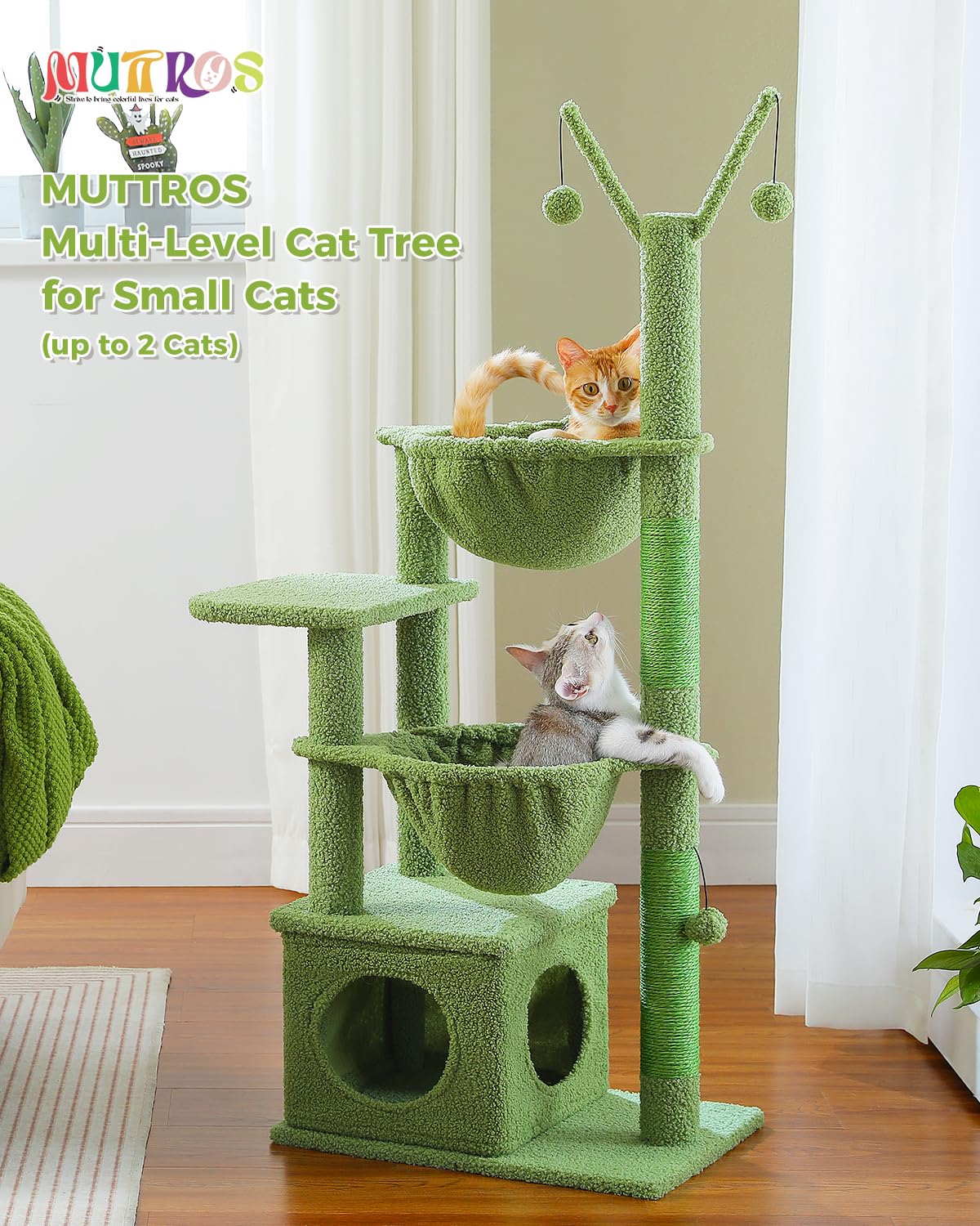 Muttros Cactus Cat Tree, 47.6'' Cat Tower With 2 Metal Frame Hammock, Cat Scratching Post For Indoor Cats With 2 Removable Pompo