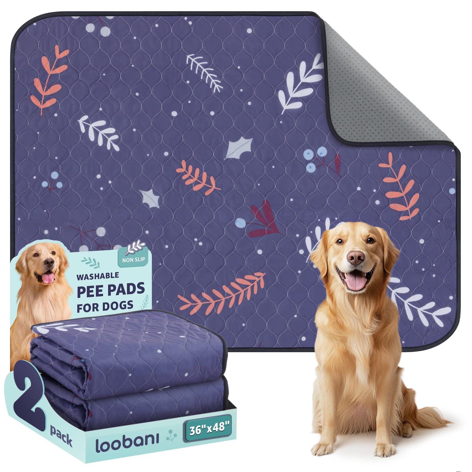 Loobani Pee Pads For Dogs Washable: Large Reusable Puppy Training Pads 36'' X 48'', 2 Pack Absorbent Dog Pee Pads Non-Slip, Wate