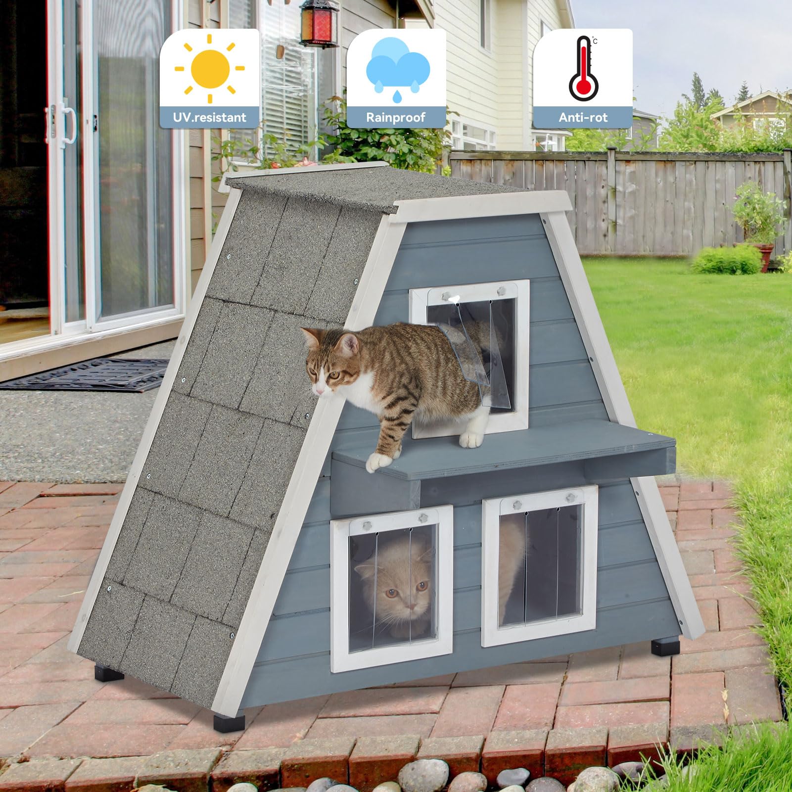 Petsfit Outdoor Cat House For Winter, Insulated Cat House Outdoor- 3 Sided Weatherproof Asphalt Roof, 3 Doors With Escape Door,