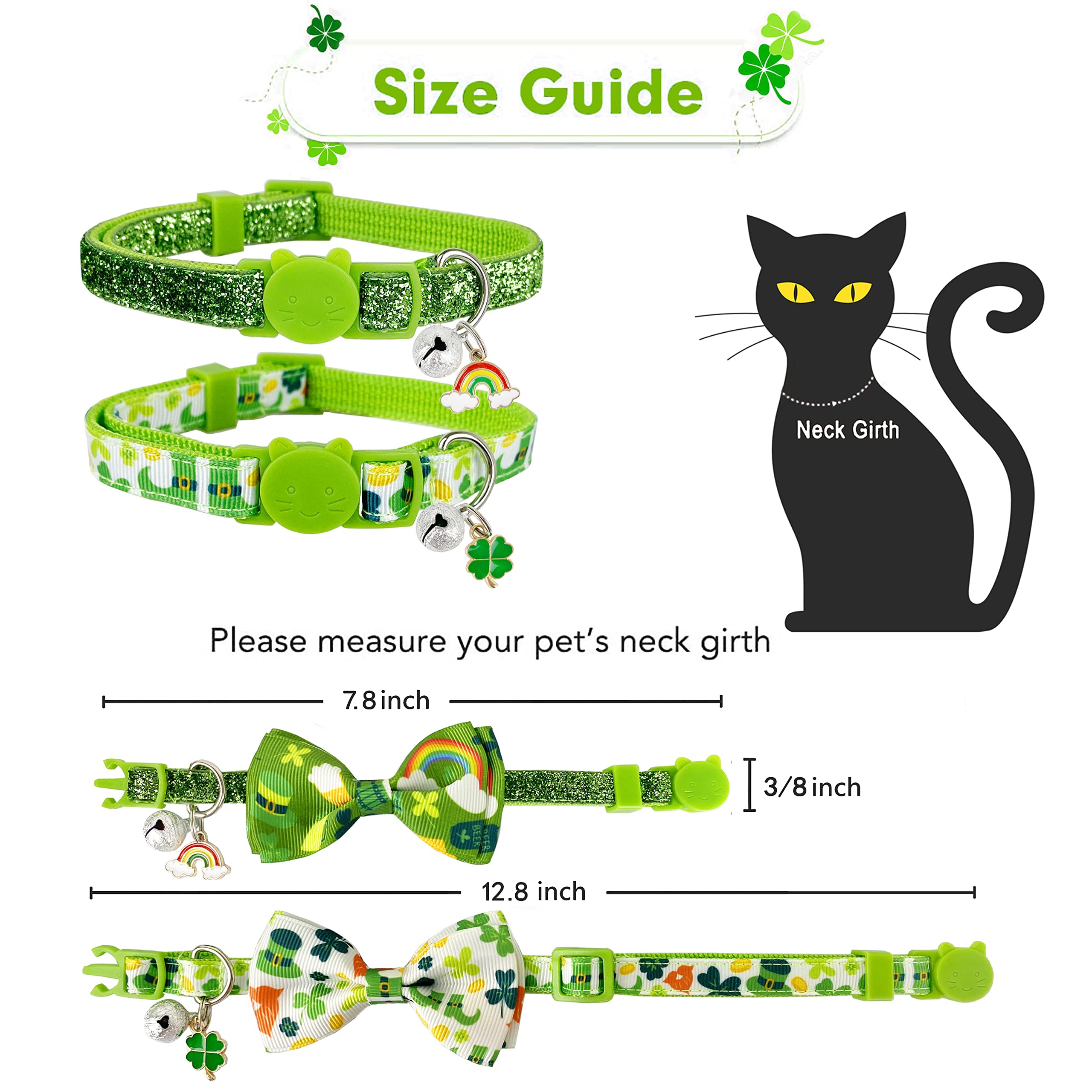 St. Patrick'S Cat Collar With Bow Tie And Bell, Kitty Kitten Breakaway Lucky Irish Shamrock Collar For Girls And Boys Male Femal