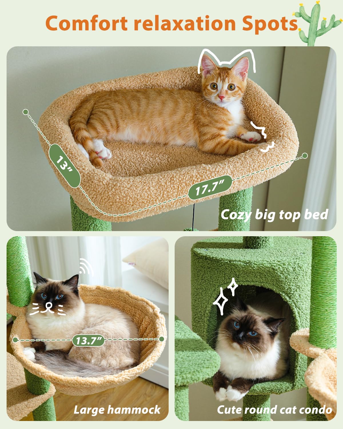 Muttros 59'' Cactus Cat Tree, Tall Cat Tree For Large Cat, Multi-Level Cat Tower, Cat Tree For Indoor Cats, Cat Condo With Large