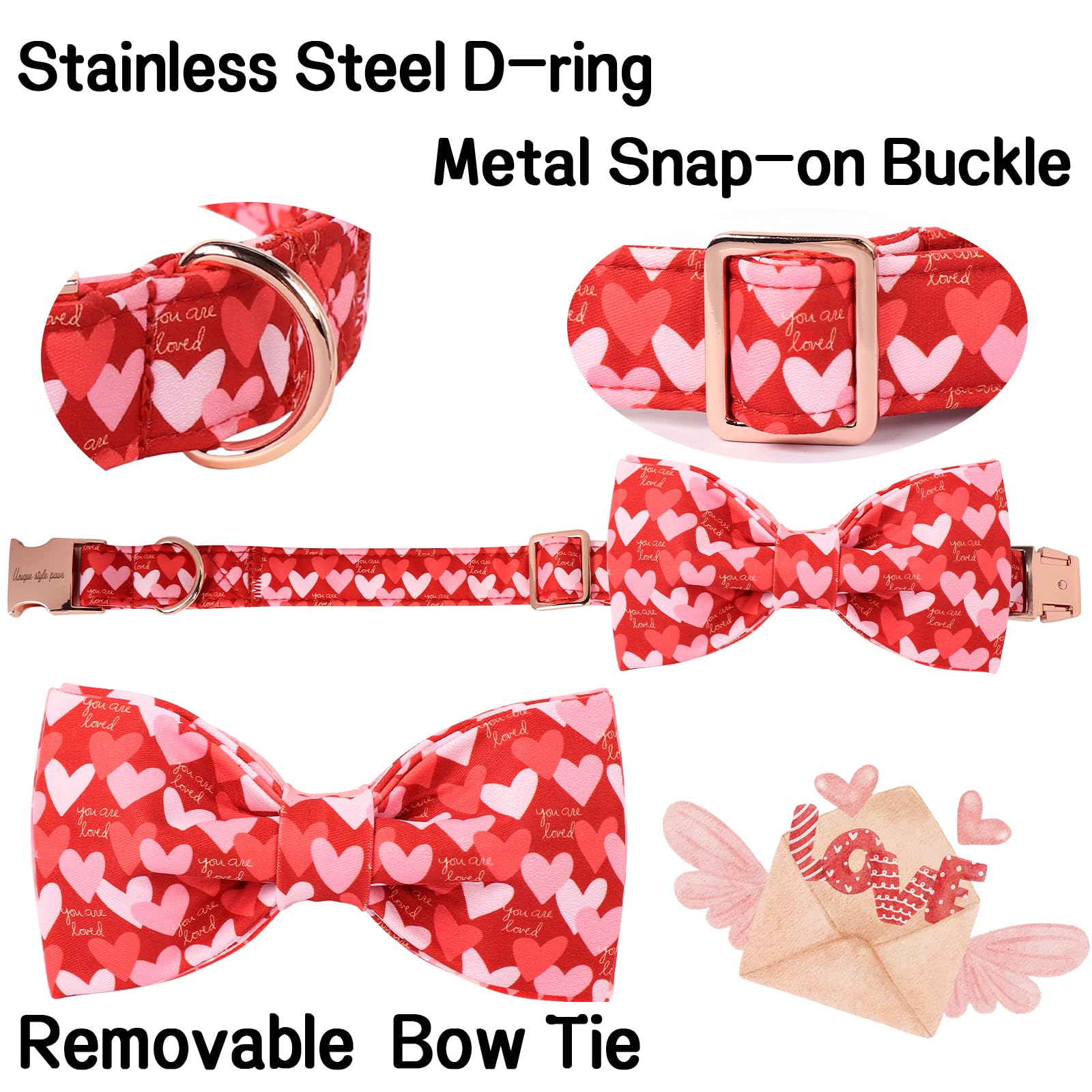 Unique Style Paws Valentine'S Dog Collar With Bow Love Heart Cotton Puppy Collars Wedding For Small Medium Large Dogs
